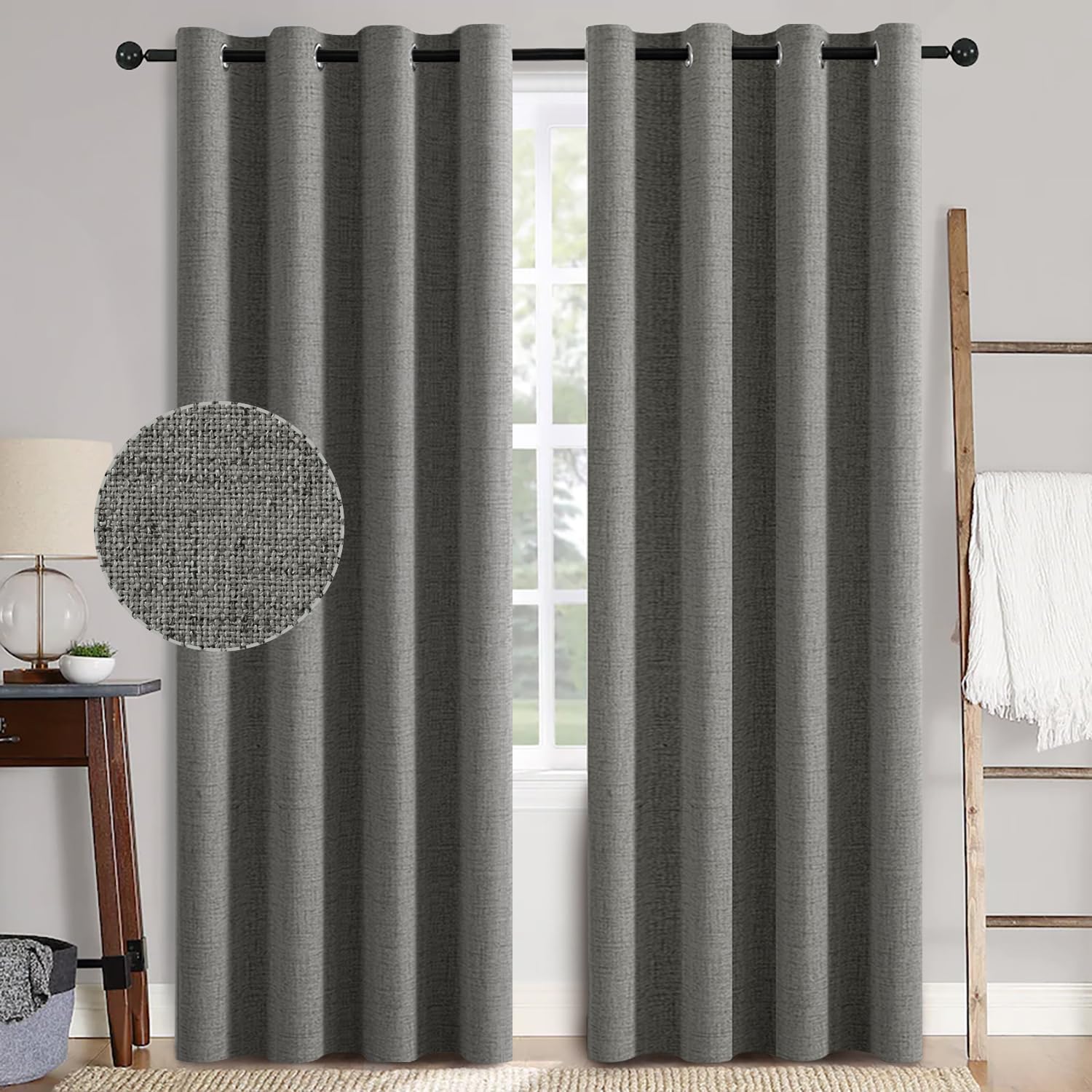 MIULEE 100% Blackout Linen Curtains for Bedroom Thermal Insulated Birch Grommet Room Darkening Curtains & Drapes for Living Room Nursery 52 x 96 Inch (2 Panels)