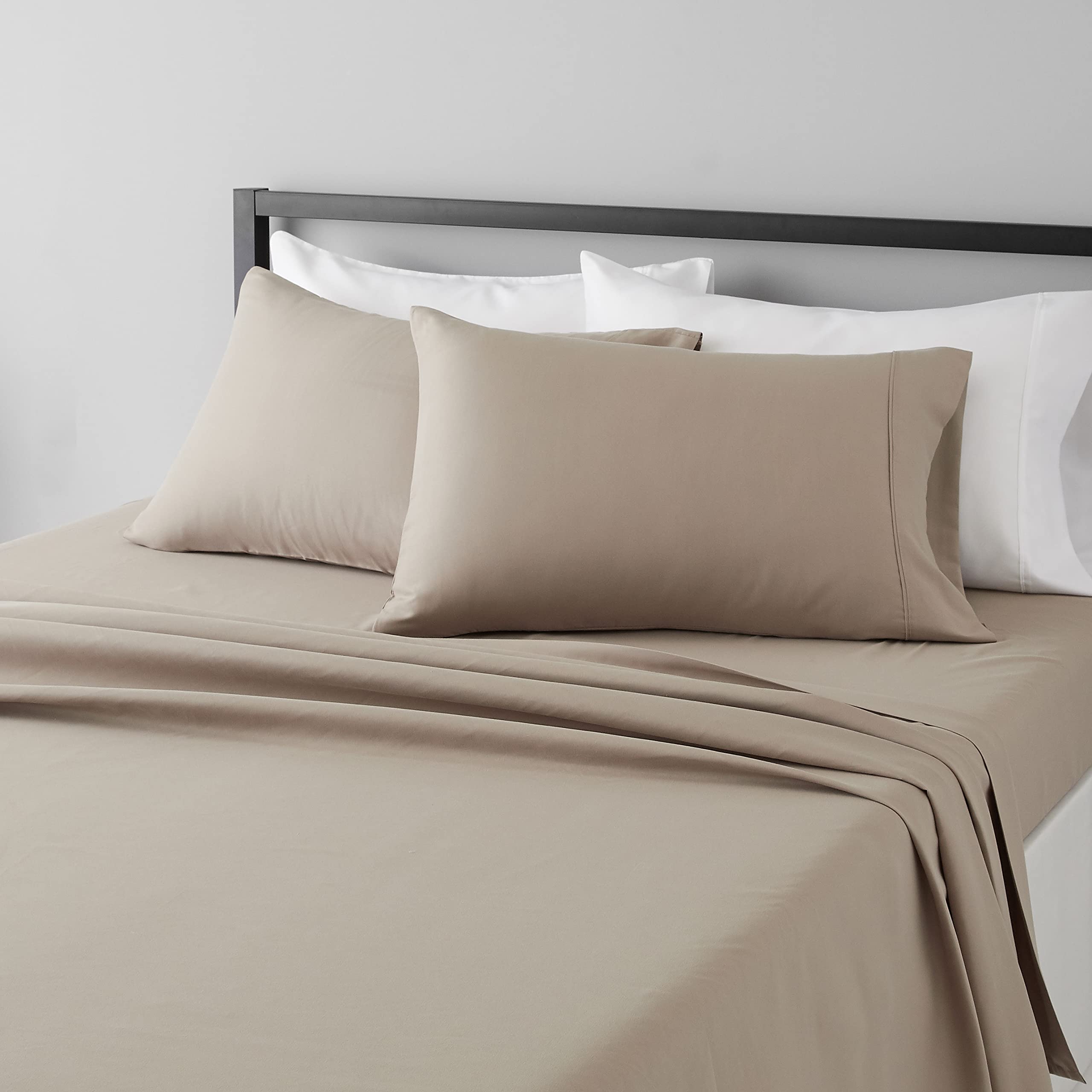 Amazon Basics Lightweight Super Soft Easy Care Wrinkle Free Breathable Brushed Microfiber 3-Piece Bed Sheet Set with 14-Inch Deep Pockets, Twin, Beige, Solid