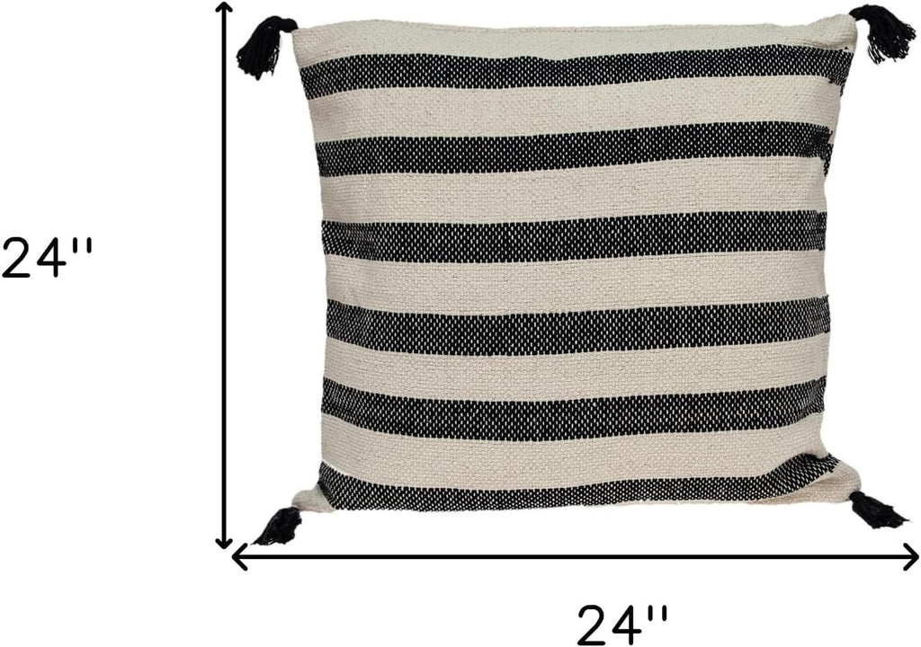 HomeRoots 24" Beige and Black Striped Cotton Throw Pillow with Tassels