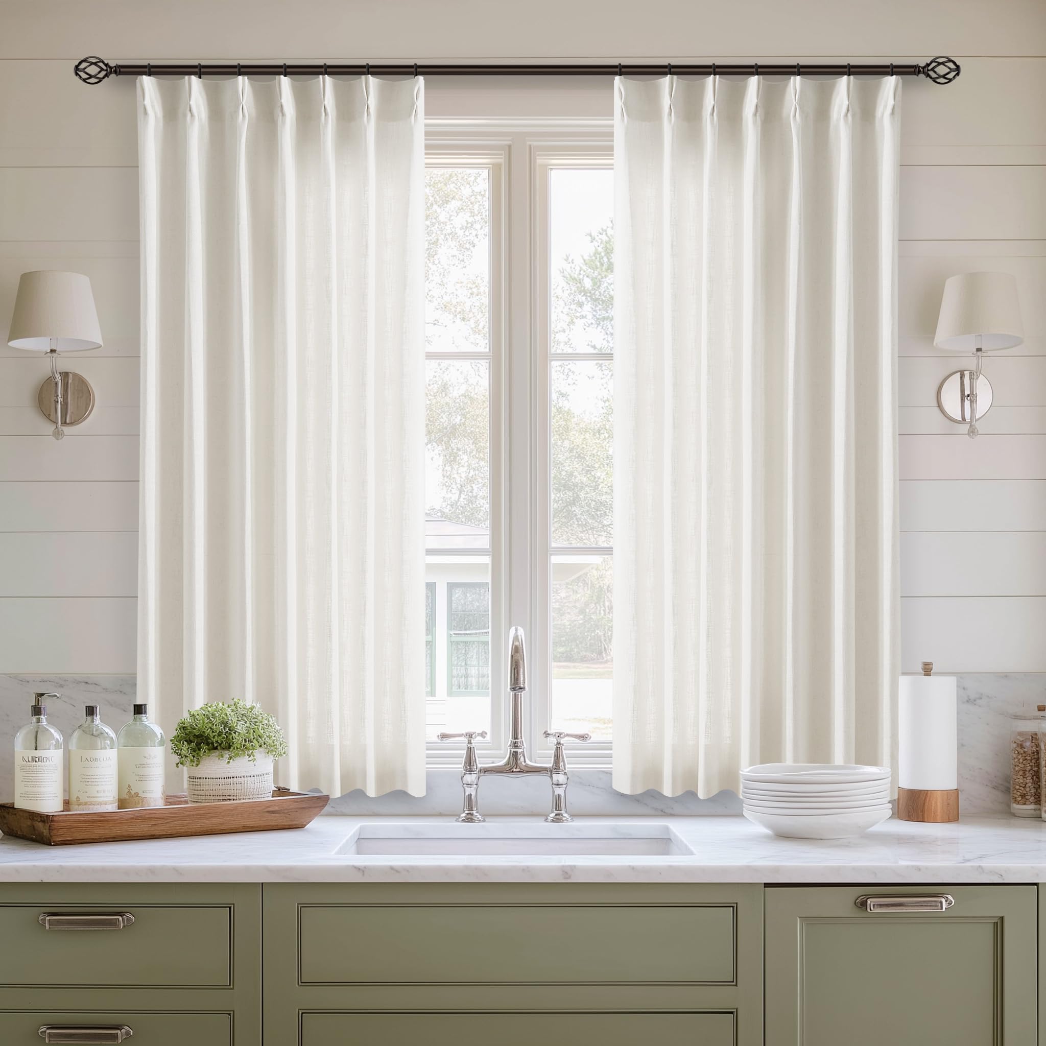 90 Inch Pinch Pleated Linen Curtains 2 Panel Set for Living Room Cream Natural Thick Linen Textured Drapes 90 Inches Long Pinch Pleat Drapes Birch Ivory Semi Sheer Curtain for Dining Bedroom Office