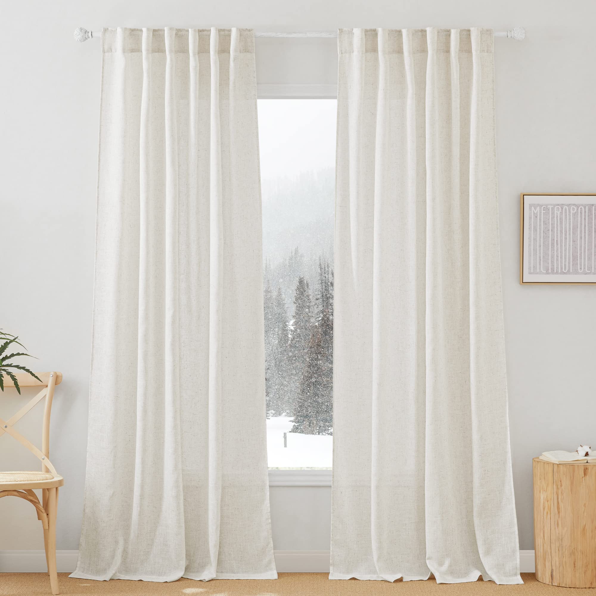 RYB HOME Farmhouse Sheer Curtains 108 inch Length, Semi Sheer Curtain & Drapes Large Window Dressing Lights & Winds Filter for Bedroom Home Office Living Room, Linen, W 70 x L 108 inch Long, 1 Pair