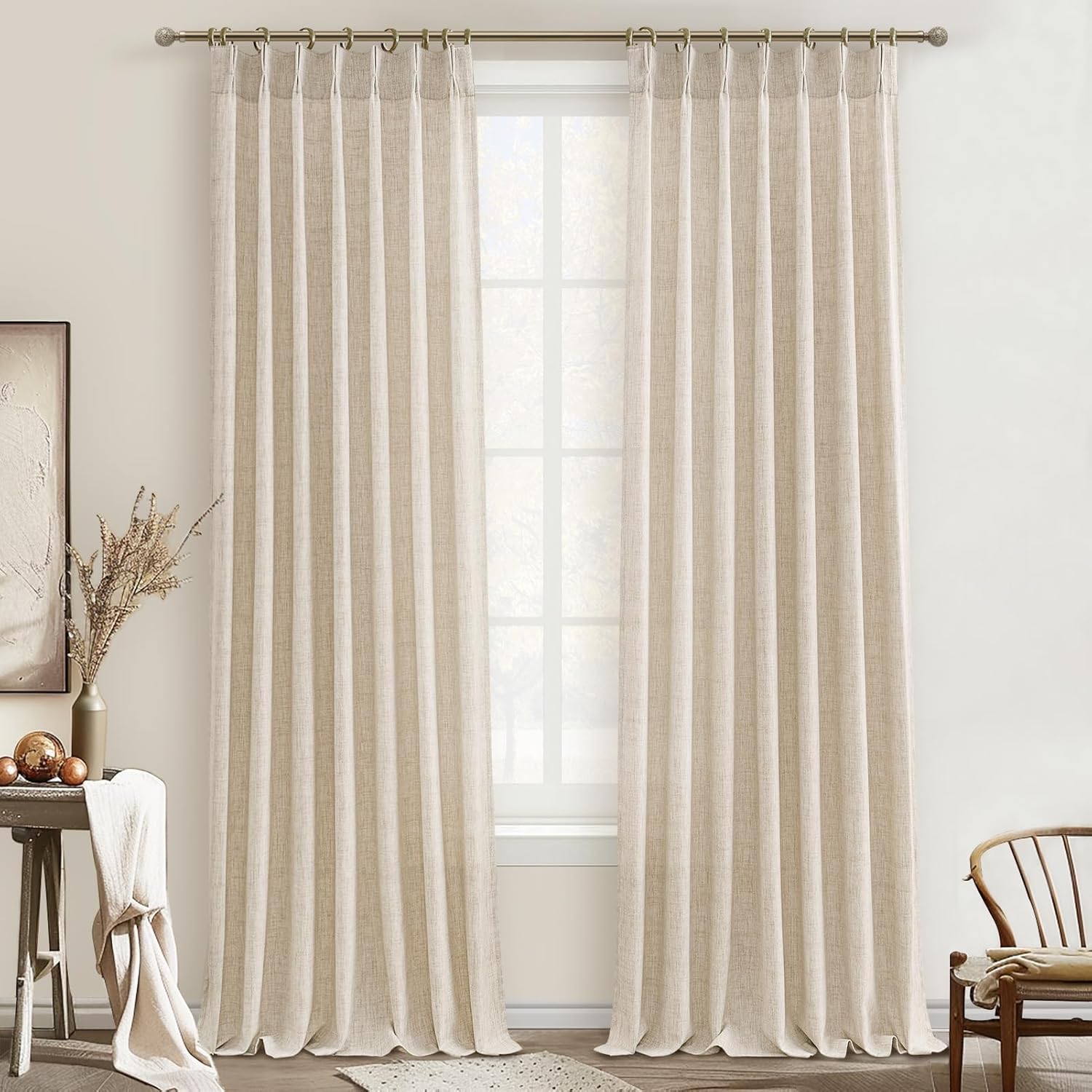 PleatedDrapes 96 Inch Curtains 2 Panel Set, Modern Linen Pleat Back Tab Dining Room Window Curtains Light Filtering Aesthetic Semi Sheer Living Room Drapes with Hooks Ring Cream Oatmeal W40 x L96