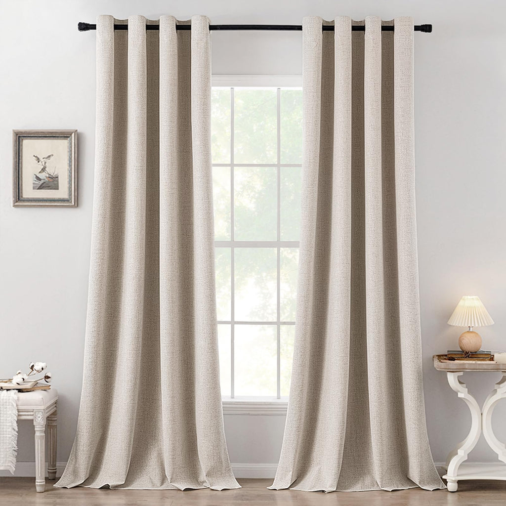 MIULEE 100% Blackout Linen Curtains for Bedroom Thermal Insulated Birch Grommet Room Darkening Curtains & Drapes for Living Room Nursery 52 x 96 Inch (2 Panels)