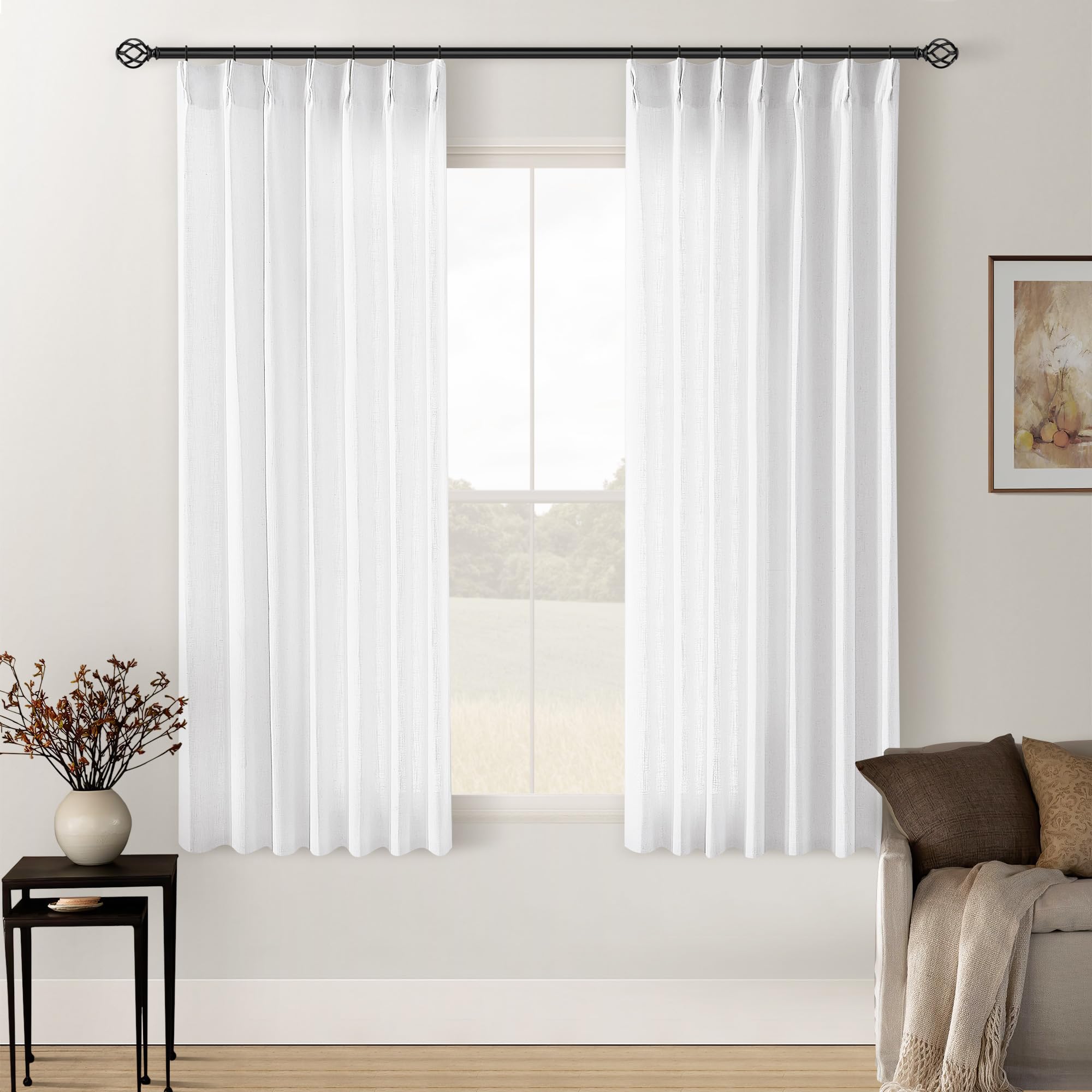 90 Inch Pinch Pleated Linen Curtains 2 Panel Set for Living Room Cream Natural Thick Linen Textured Drapes 90 Inches Long Pinch Pleat Drapes Birch Ivory Semi Sheer Curtain for Dining Bedroom Office