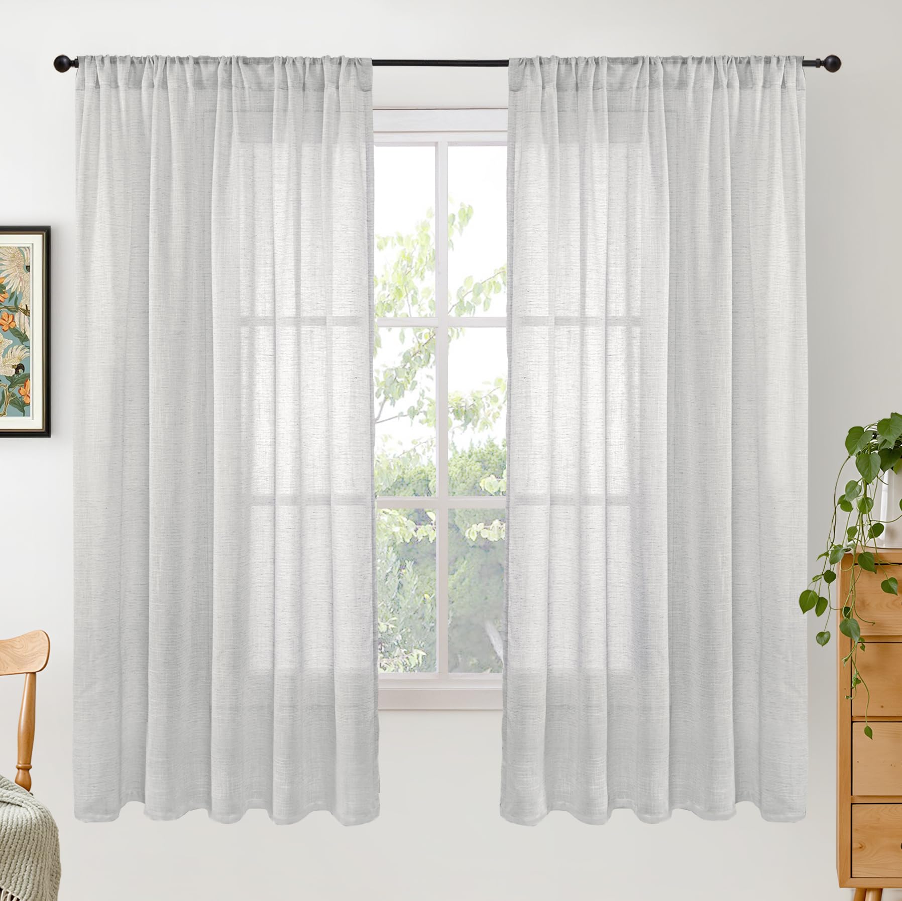 BGment 90 Inches Long Curtains Linen Semi Sheer, Light Filtering Window Treatments Drapes with Rod Pocket Lightweight for Living Room Bedroom, 2 Panels, 52 Inch Wide Each Panel