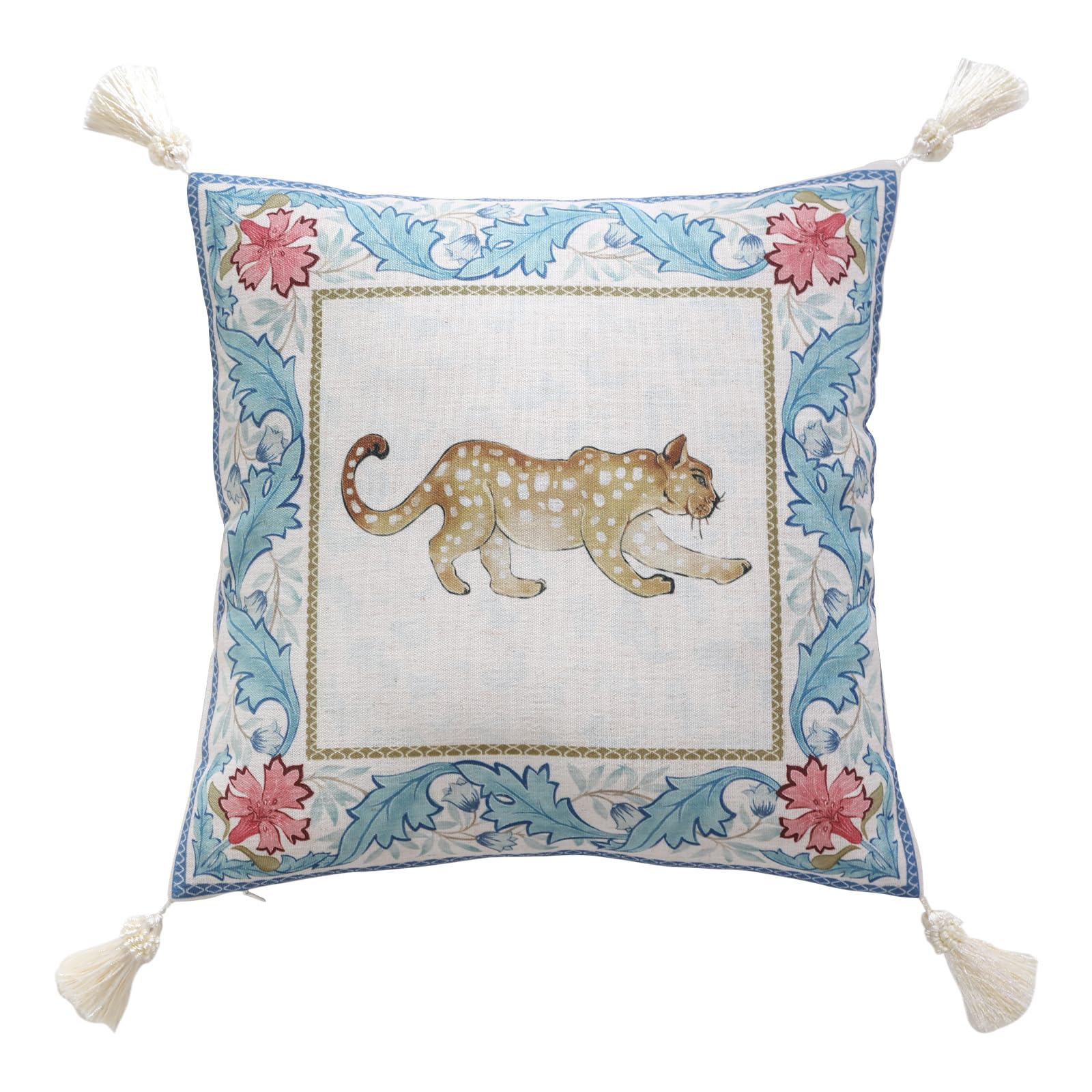 patdrea Designer Throw Pillow Covers for Couch 18"x18",Vintage Linen Pillows Cover with Cheetah Pattern and Luxury Pendant,Farmhouse Decorative Pillowcases for Bed Living Room Outdoor Set of 2