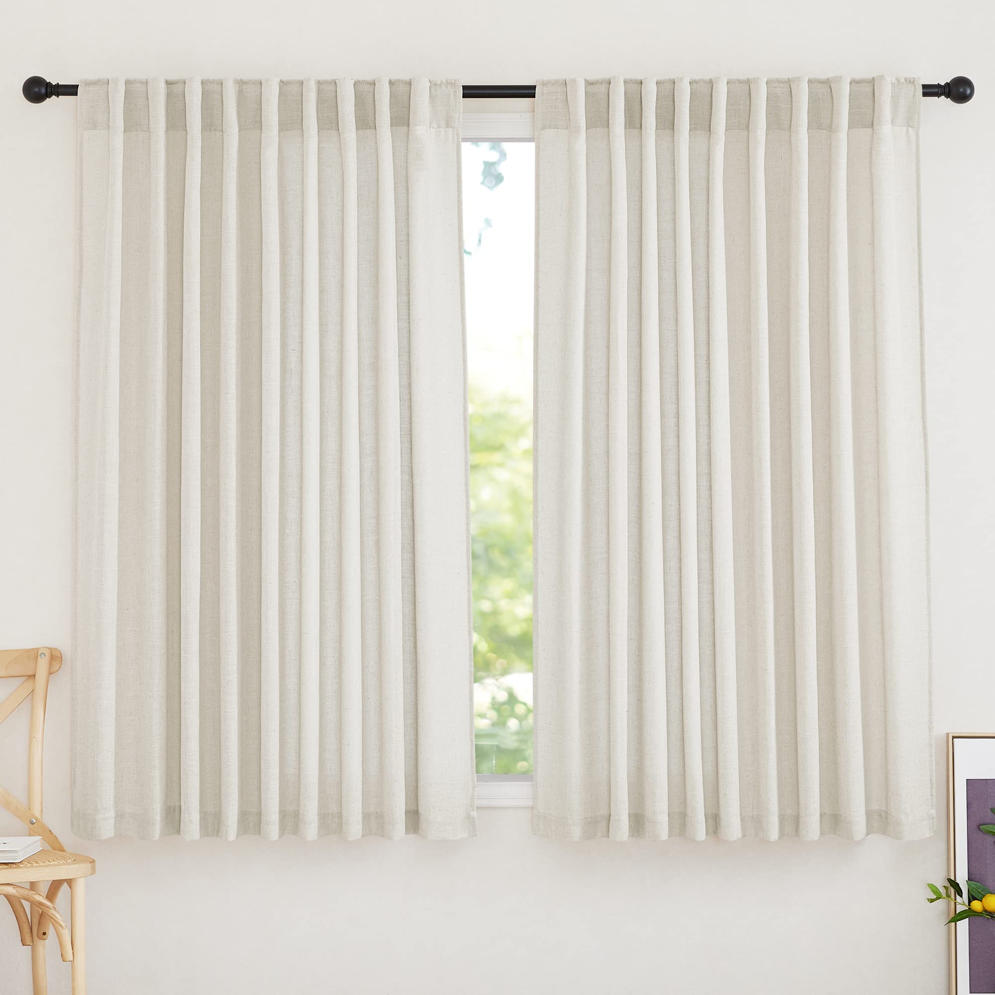 RYB HOME Farmhouse Sheer Curtains 108 inch Length, Semi Sheer Curtain & Drapes Large Window Dressing Lights & Winds Filter for Bedroom Home Office Living Room, Linen, W 70 x L 108 inch Long, 1 Pair