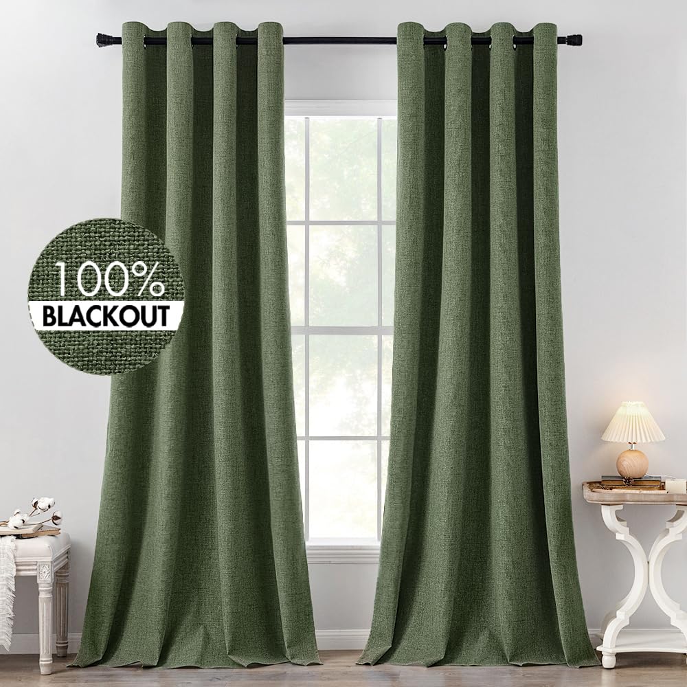 MIULEE 100% Blackout Linen Curtains for Bedroom Thermal Insulated Birch Grommet Room Darkening Curtains & Drapes for Living Room Nursery 52 x 96 Inch (2 Panels)