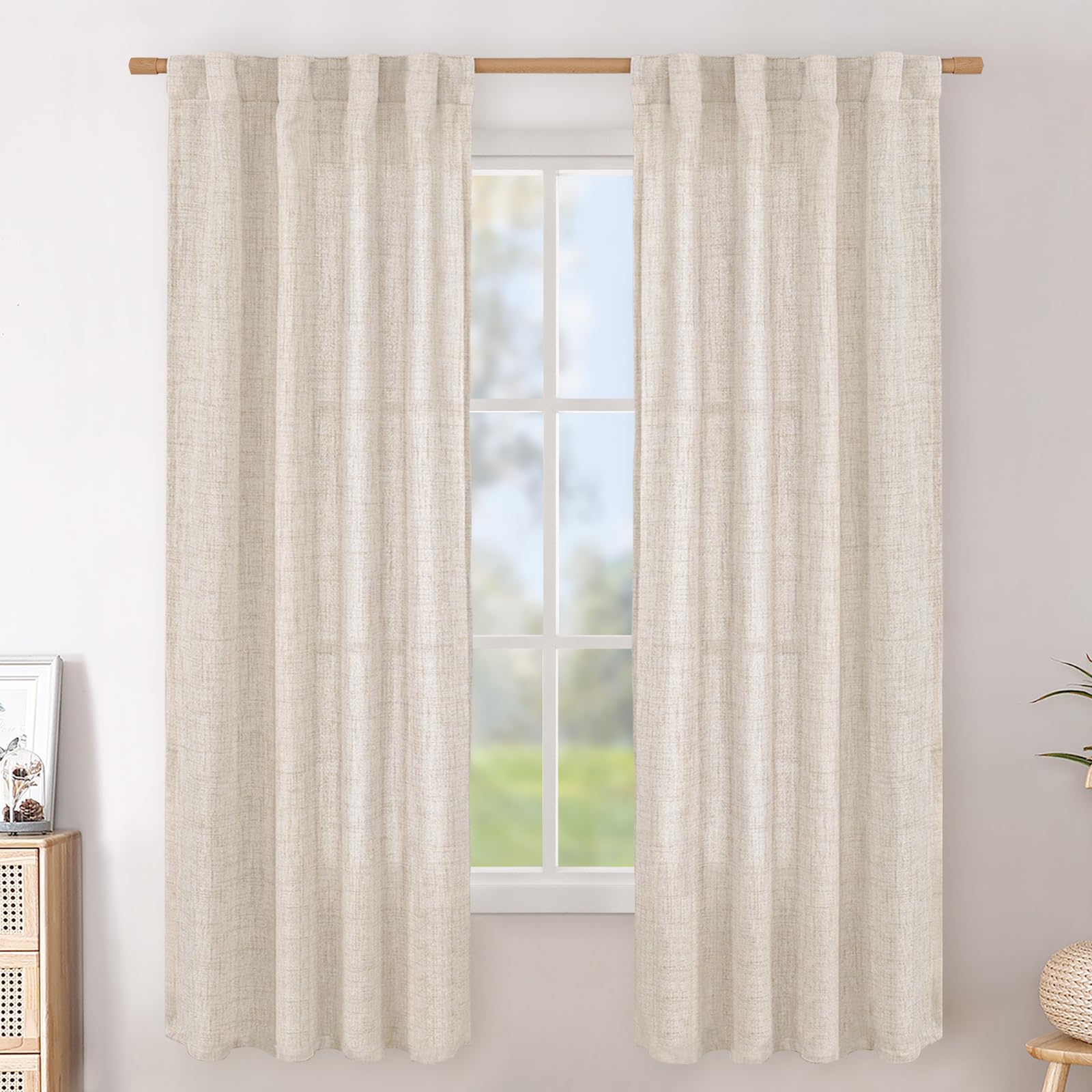 BGment Long 102 Inch Length Linen Curtains for Living Room, Natural Rod Pocket Textured Burlap Drapes Rustic Country Light Filtering for Bedroom Semi Sheer Back Tab, 2 Panel, 52 Inch Wide Each Panel