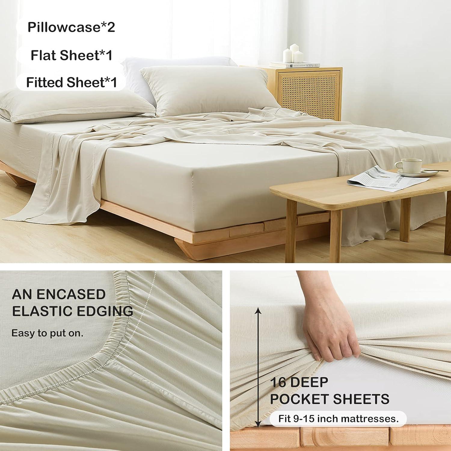 PANDATEX Beige Linen-Textured Bed Sheets Set, Bamboo Rayon, Cotton, Linen Blend Bed Sheets King Size, Soft Cool & Breathable for Hot Sleepers,Durable Natural Organic Bed 15'' Deep Pocket - 4 Piece