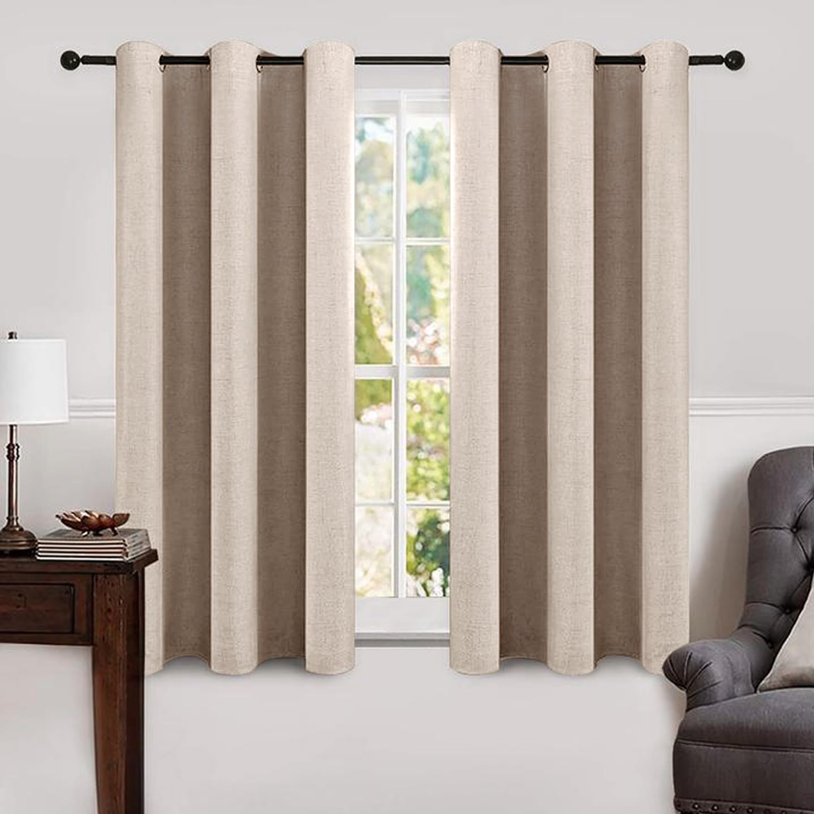 MIULEE 100% Blackout Linen Curtains for Bedroom Thermal Insulated Birch Grommet Room Darkening Curtains & Drapes for Living Room Nursery 52 x 96 Inch (2 Panels)