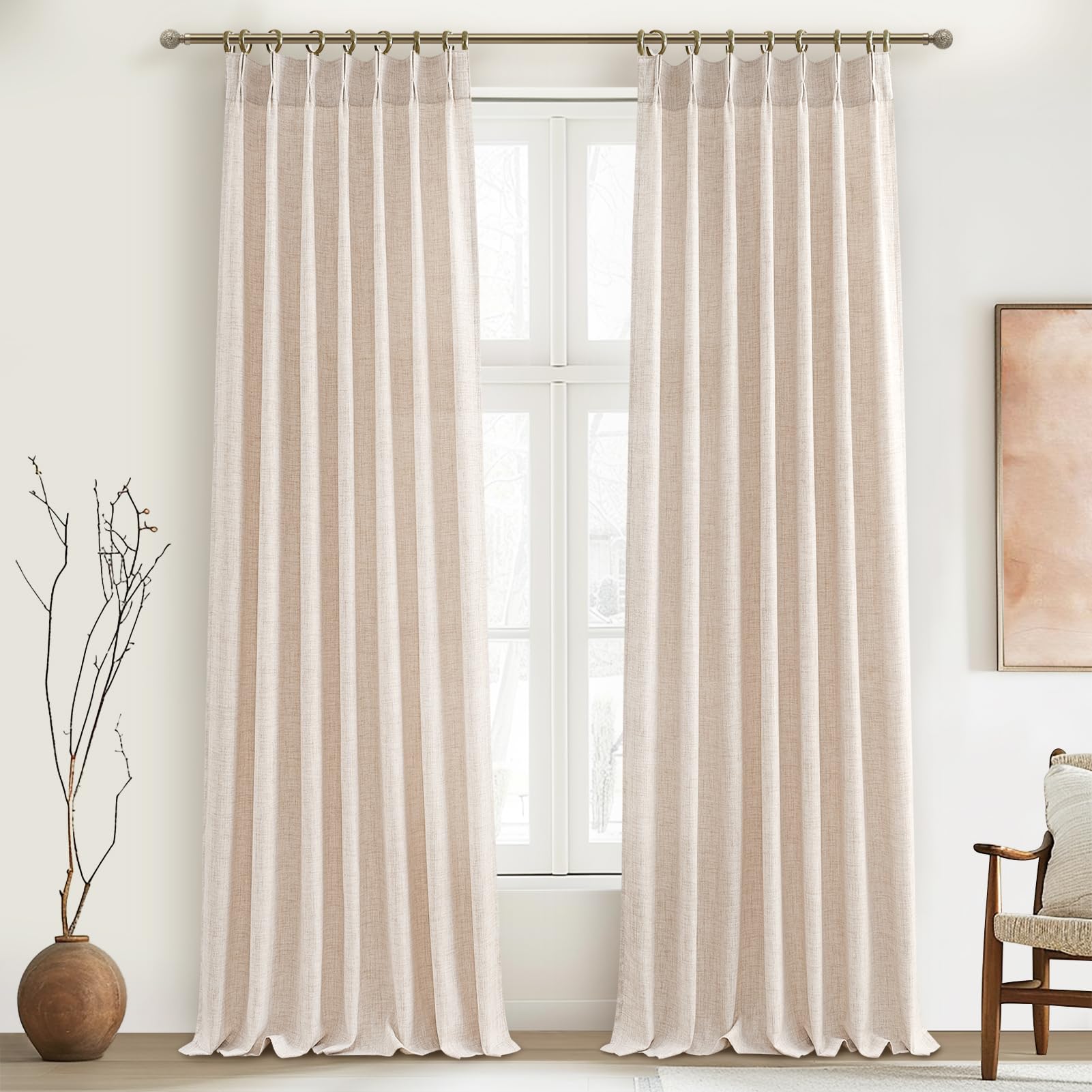 PleatedDrapes 96 Inch Curtains 2 Panel Set, Modern Linen Pleat Back Tab Dining Room Window Curtains Light Filtering Aesthetic Semi Sheer Living Room Drapes with Hooks Ring Cream Oatmeal W40 x L96