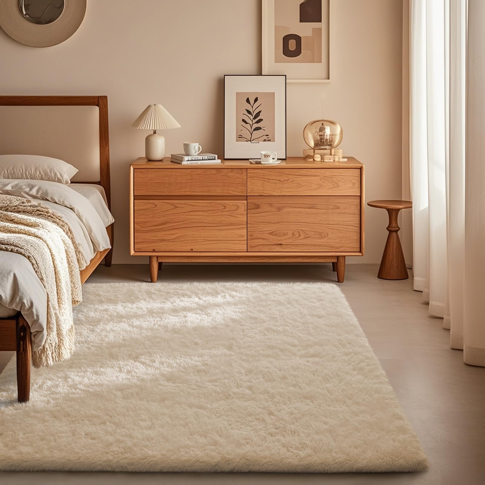 Ophanie Beige Rugs for Living Room Bedroom, 5x8 Fluffy Fuzzy Furry Carpet, Plush Soft Shaggy Bedside Indoor Floor Area Rug for Kids Girls Boys Baby Teen Dorm Nursery Home Decor Aesthetic