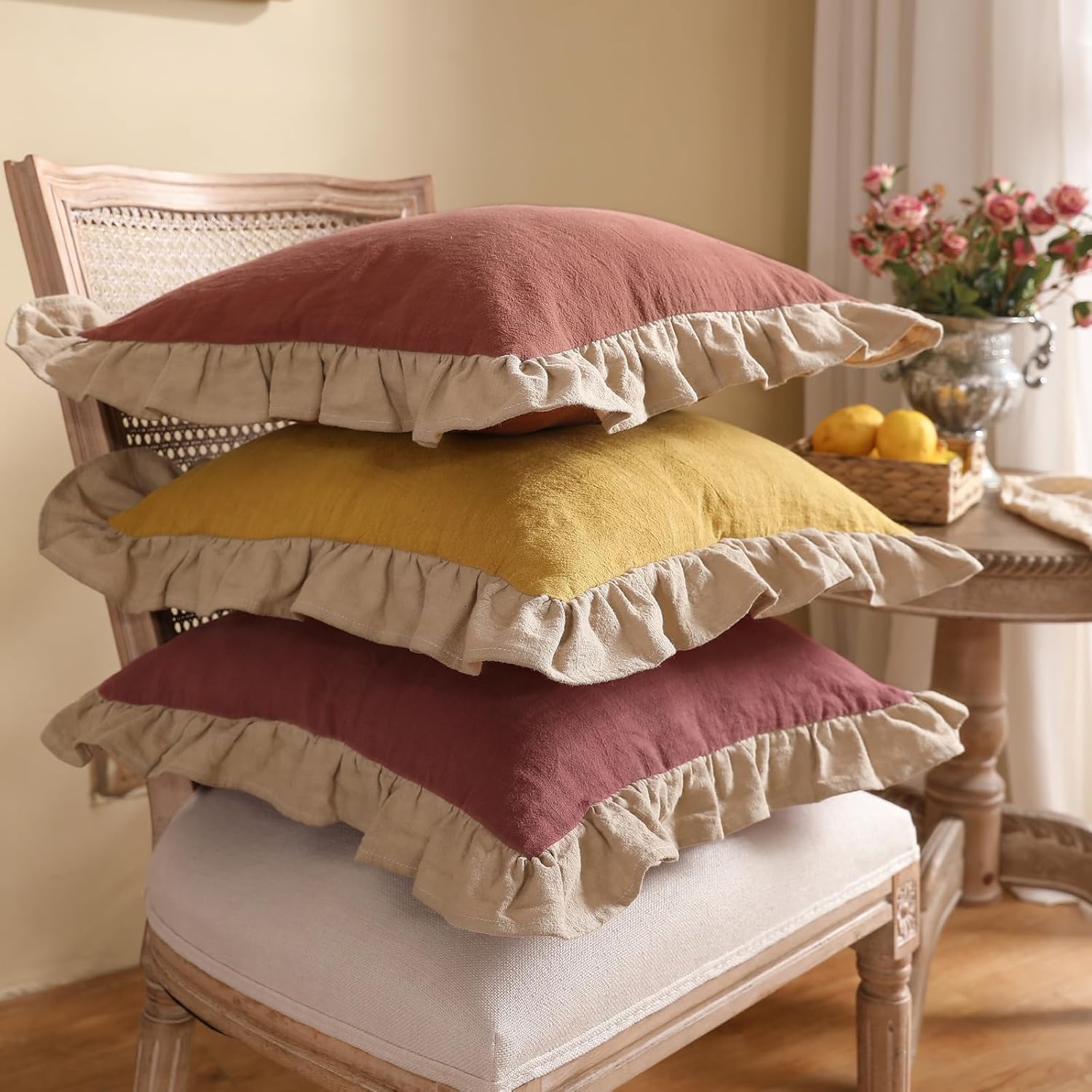 patdrea Rhodo Shabby Chic Decorative Throw Pillow Covers 22x22 Set of 2,Farmhouse Red Linen Pillow Covers with Ruffles,Square Sturdy Throw Pillow Case for Couch Sofa Bed Living Room