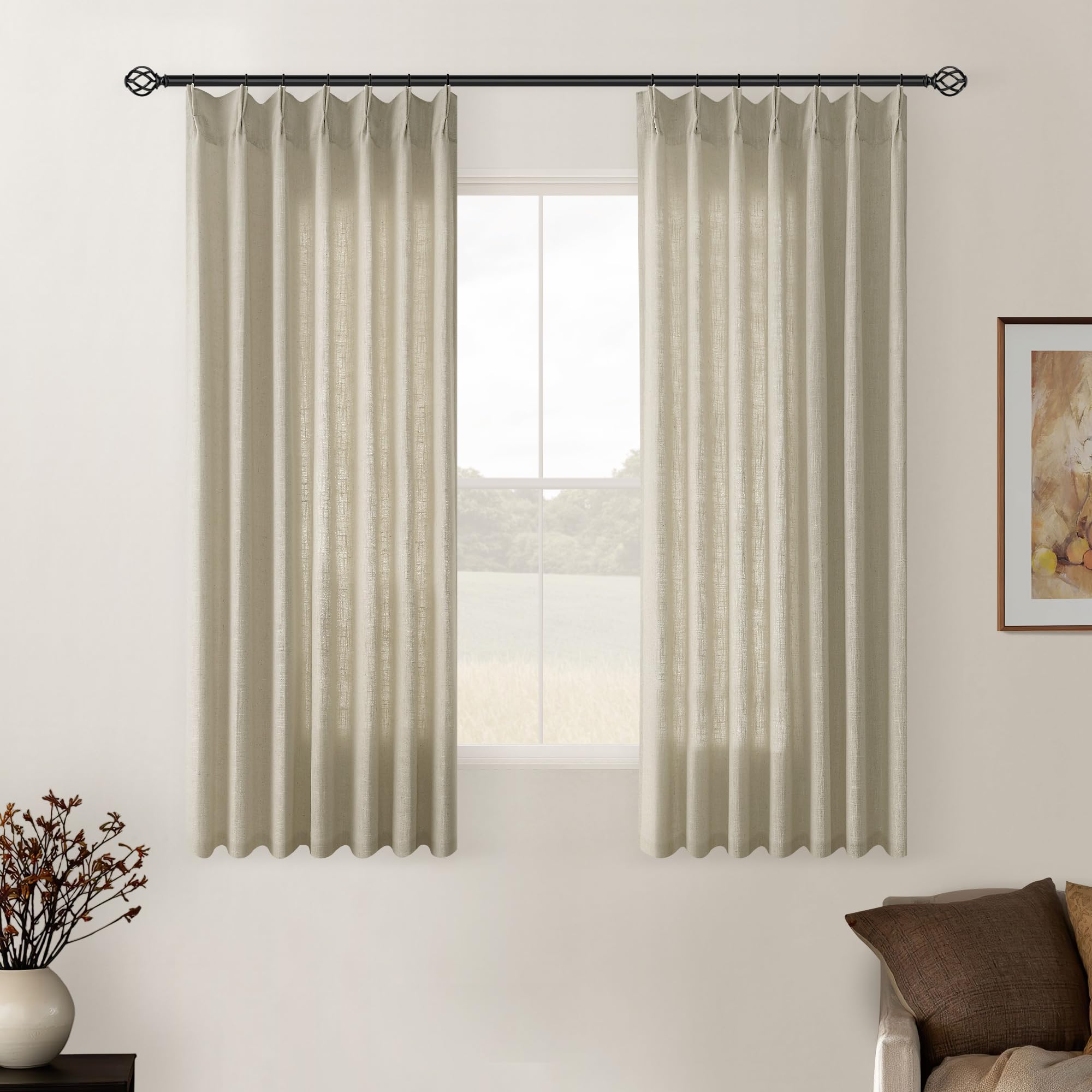 90 Inch Pinch Pleated Linen Curtains 2 Panel Set for Living Room Cream Natural Thick Linen Textured Drapes 90 Inches Long Pinch Pleat Drapes Birch Ivory Semi Sheer Curtain for Dining Bedroom Office