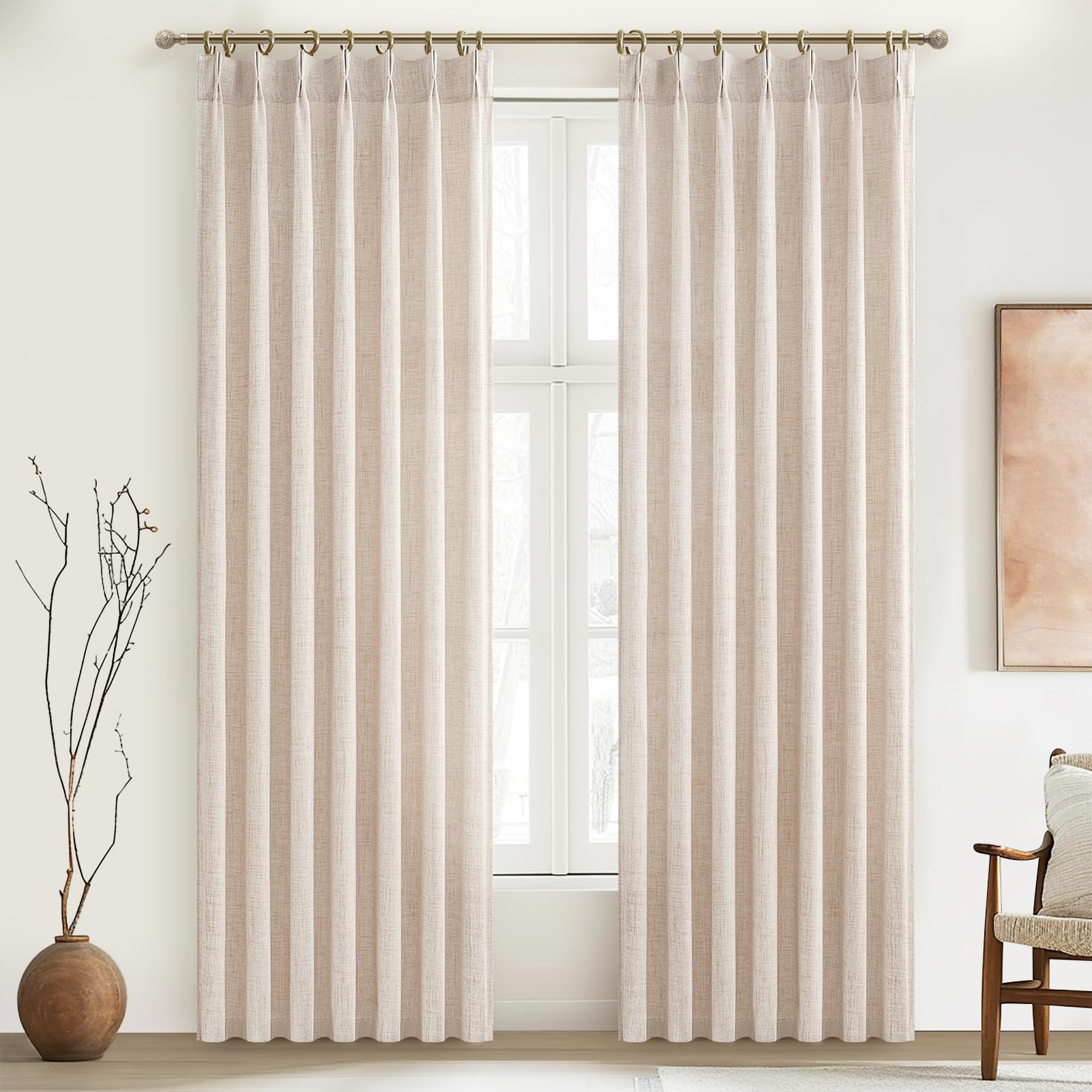 PleatedDrapes 96 Inch Curtains 2 Panel Set, Modern Linen Pleat Back Tab Dining Room Window Curtains Light Filtering Aesthetic Semi Sheer Living Room Drapes with Hooks Ring Cream Oatmeal W40 x L96