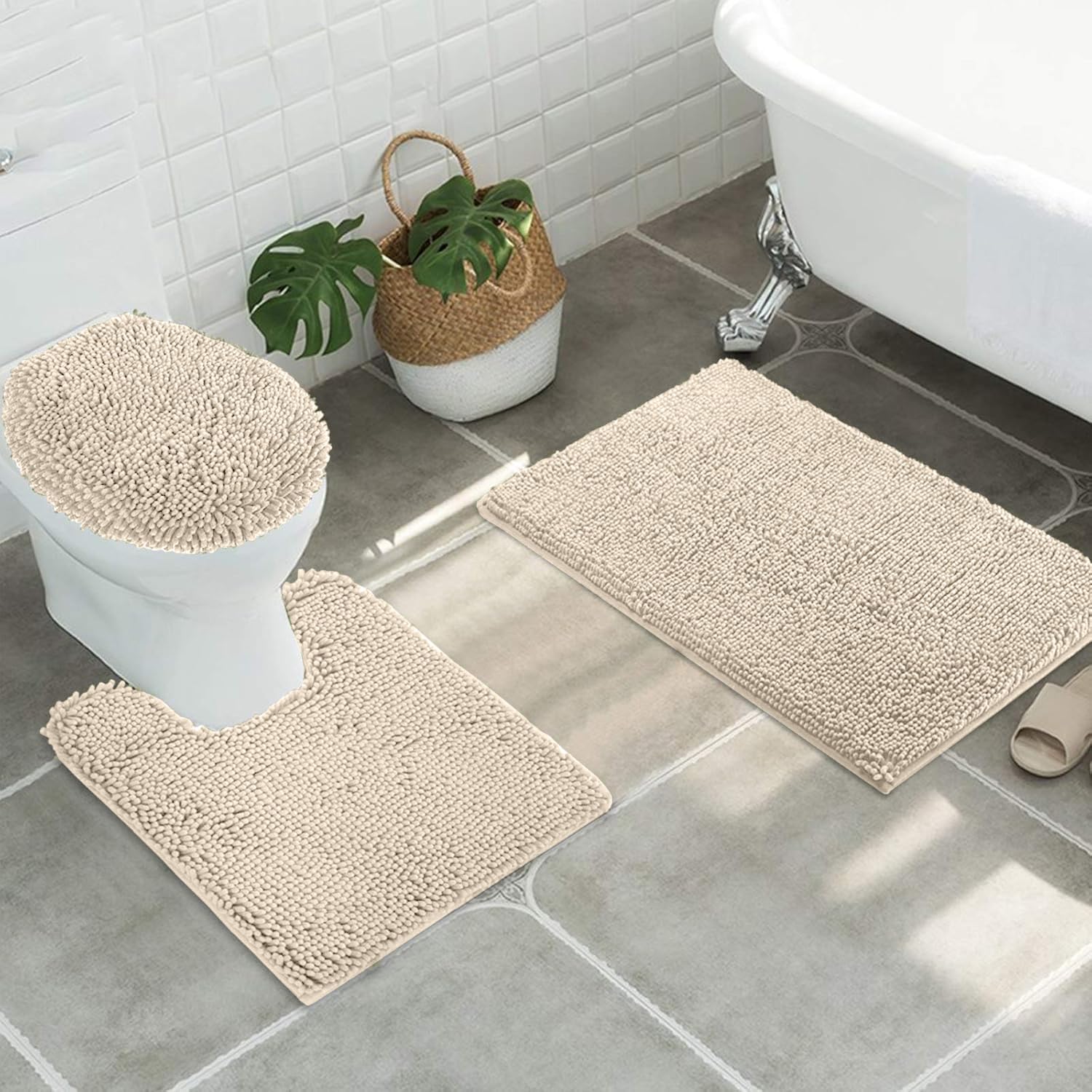 MAYSHINE Plush Shaggy Chenille Bath Mat | Extra Soft, Super Absorbent, Non-Slip Bathroom Rug | Fluffy Microfiber, Area Rug Sets for Bathroom Floor, Kitchen, Living Room | 59"x31" | Beige