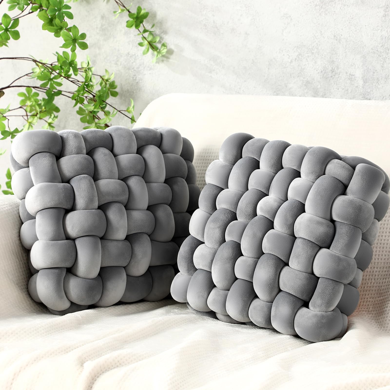 Wenqik 2 Pcs Knot Pillows Square Knotted Plush Throws Soft Accent Pillows Decoration Cushion for Couch Home Office Living Room Bedroom Bed Sofa Decor, 12'' x 13''(Cream White,Lambswool)