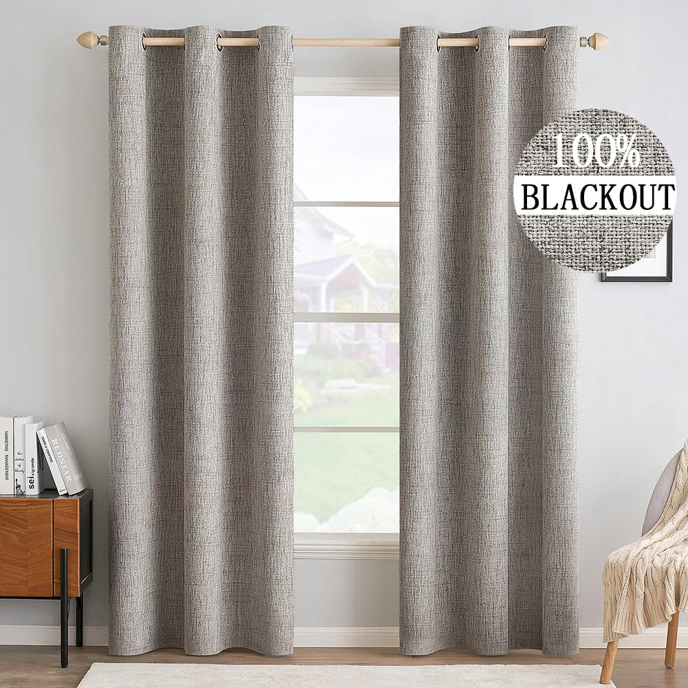 MIULEE 100% Blackout Linen Curtains for Bedroom Thermal Insulated Birch Grommet Room Darkening Curtains & Drapes for Living Room Nursery 52 x 96 Inch (2 Panels)