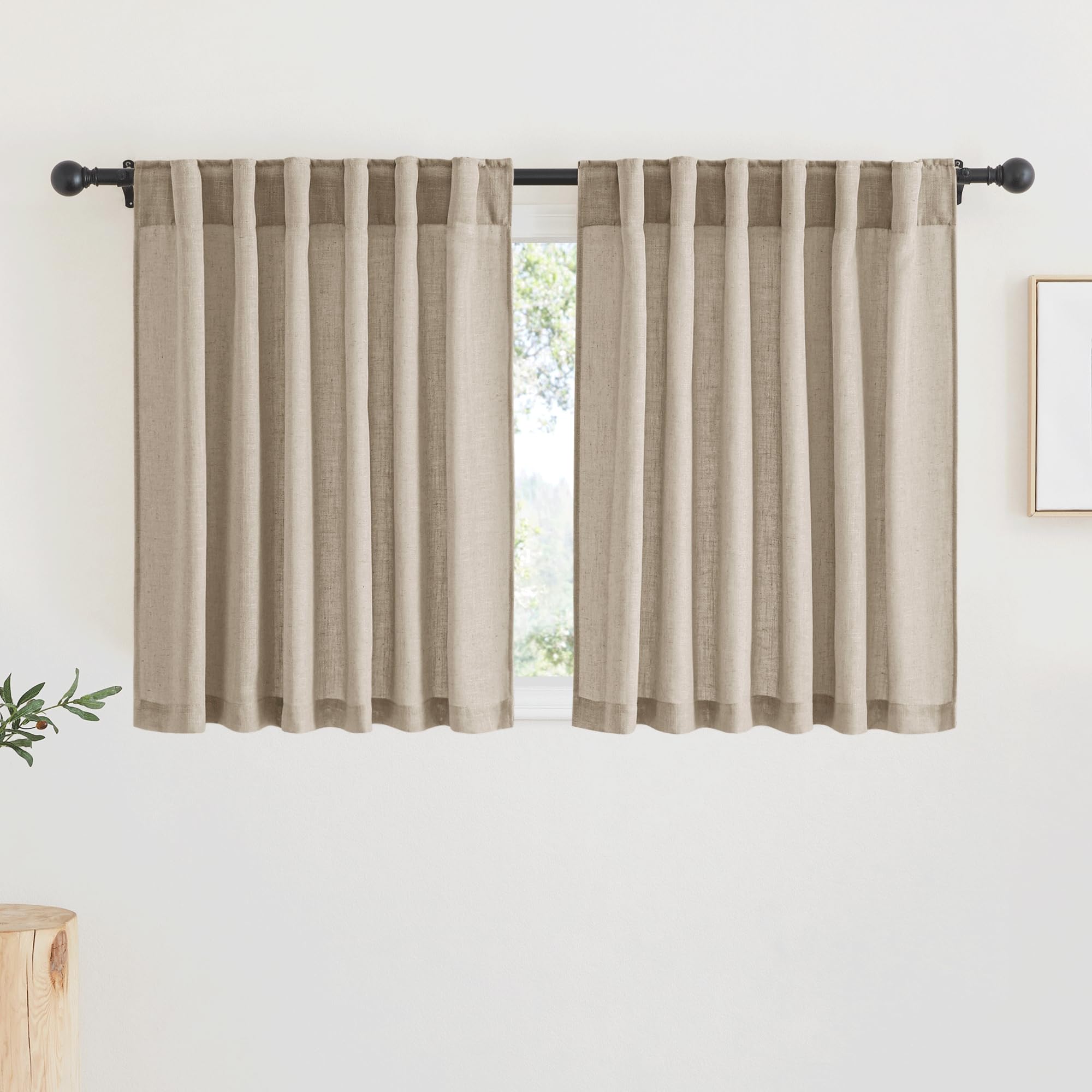 RYB HOME Farmhouse Sheer Curtains 108 inch Length, Semi Sheer Curtain & Drapes Large Window Dressing Lights & Winds Filter for Bedroom Home Office Living Room, Linen, W 70 x L 108 inch Long, 1 Pair