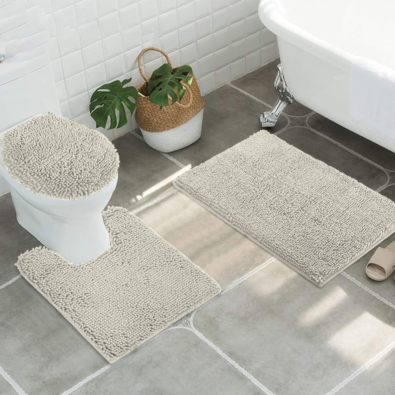 MAYSHINE Plush Shaggy Chenille Bath Mat | Extra Soft, Super Absorbent, Non-Slip Bathroom Rug | Fluffy Microfiber, Area Rug Sets for Bathroom Floor, Kitchen, Living Room | 59"x31" | Beige