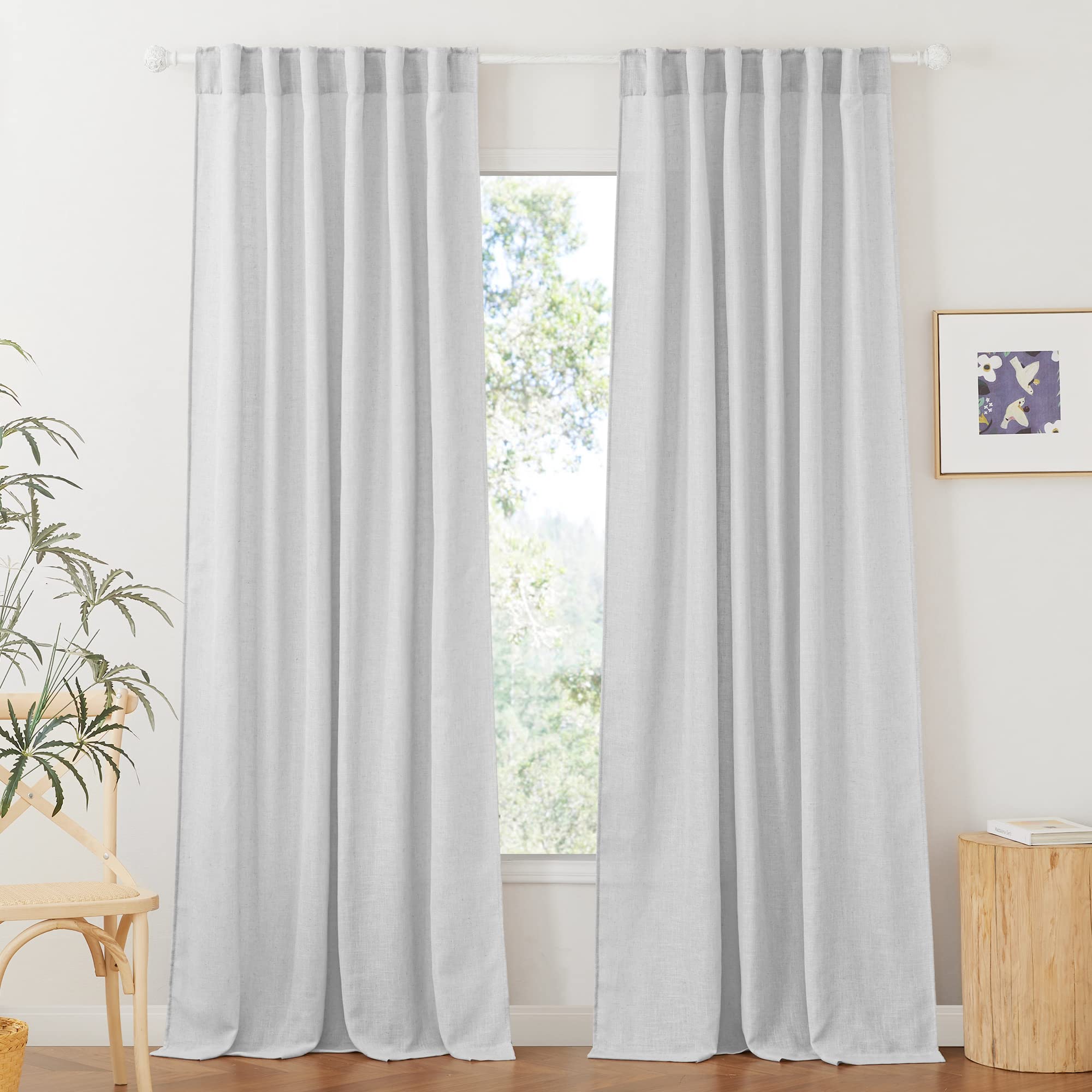 RYB HOME Farmhouse Sheer Curtains 108 inch Length, Semi Sheer Curtain & Drapes Large Window Dressing Lights & Winds Filter for Bedroom Home Office Living Room, Linen, W 70 x L 108 inch Long, 1 Pair