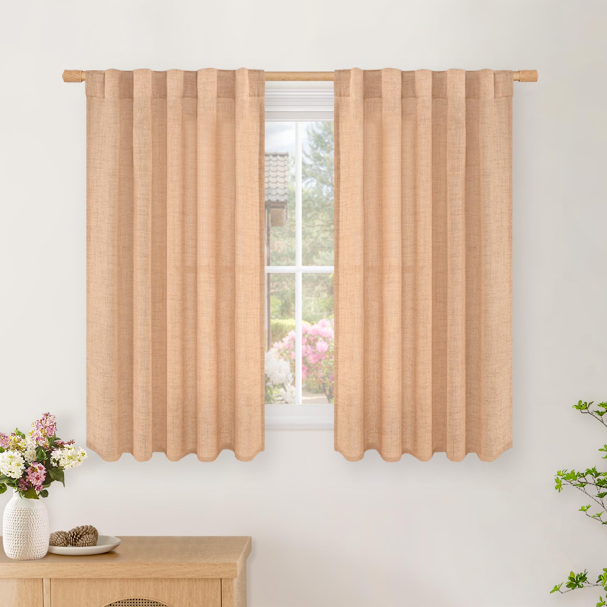 BGment Long 102 Inch Length Linen Curtains for Living Room, Natural Rod Pocket Textured Burlap Drapes Rustic Country Light Filtering for Bedroom Semi Sheer Back Tab, 2 Panel, 52 Inch Wide Each Panel