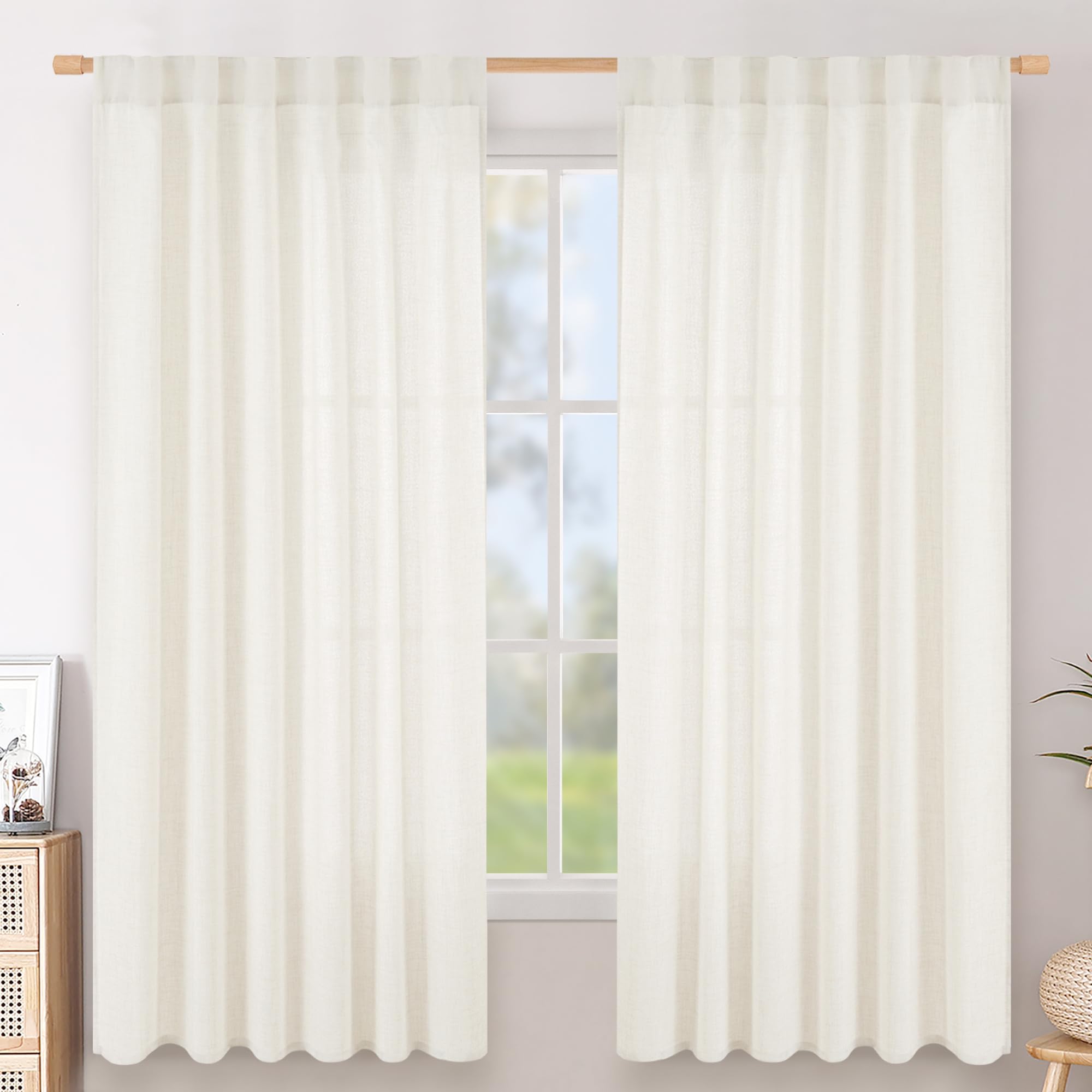 BGment Long 102 Inch Length Linen Curtains for Living Room, Natural Rod Pocket Textured Burlap Drapes Rustic Country Light Filtering for Bedroom Semi Sheer Back Tab, 2 Panel, 52 Inch Wide Each Panel