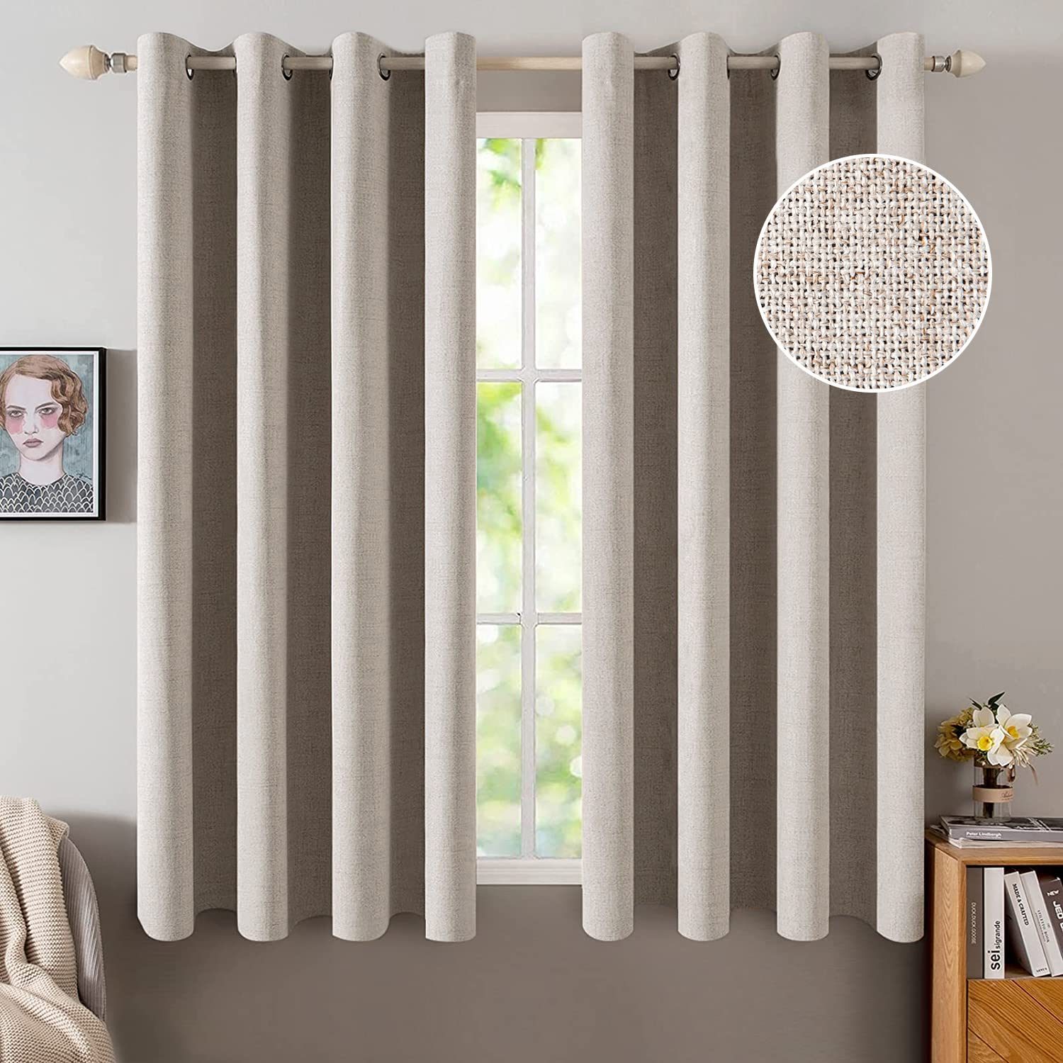 MIULEE 100% Blackout Linen Curtains for Bedroom Thermal Insulated Birch Grommet Room Darkening Curtains & Drapes for Living Room Nursery 52 x 96 Inch (2 Panels)