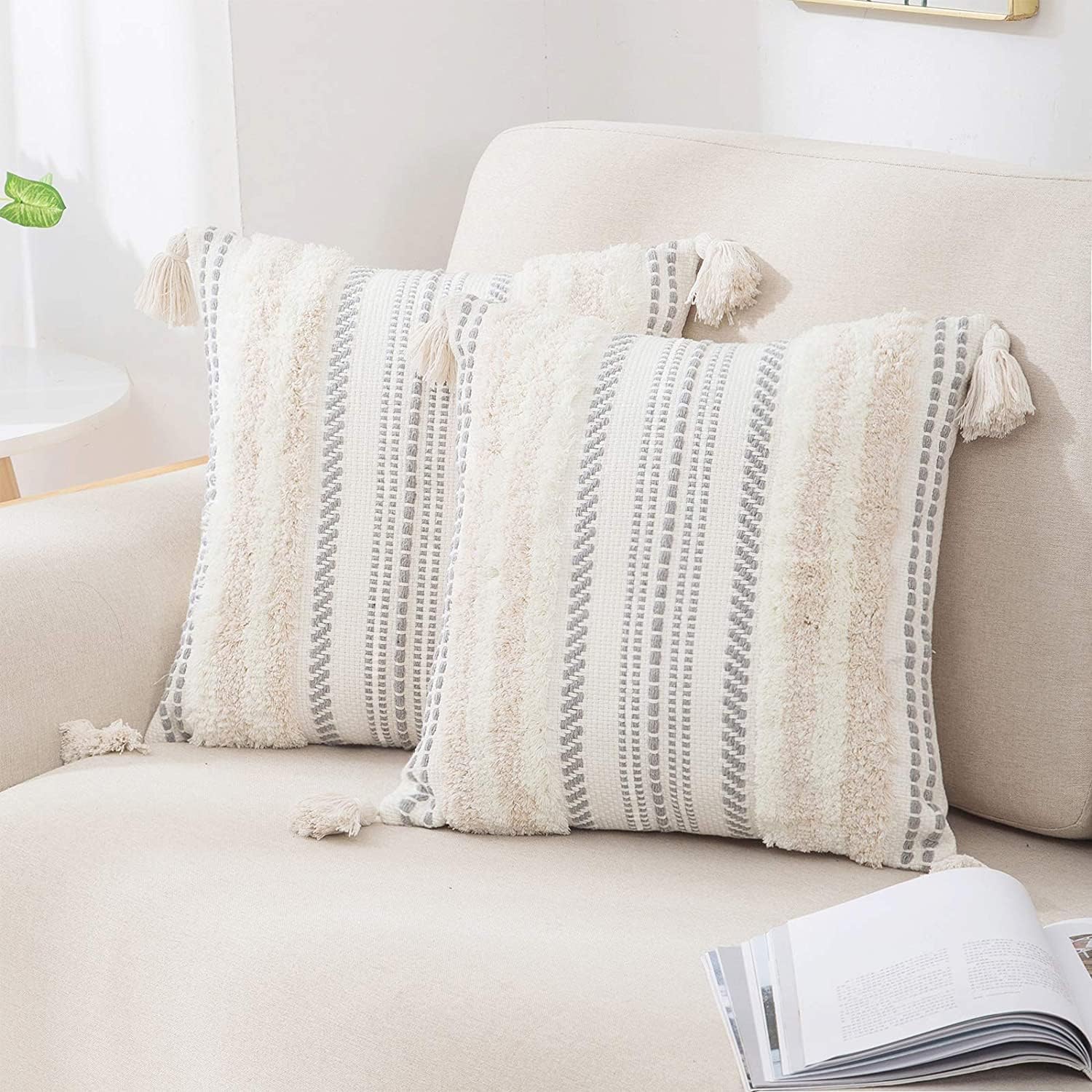 decorUhome Summer Decorative Boho Throw Pillow Covers 20x20 Set of 2, Accent Neutral Textured Tufted Pillow Covers Striped for Couch Bed Sofa Living Room, Light Grey and Cream White
