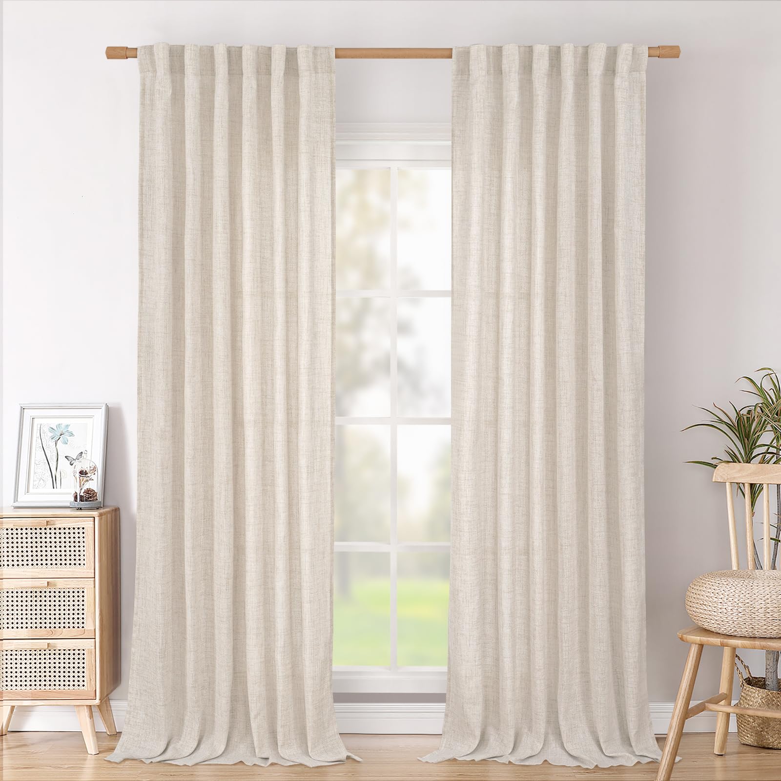 BGment Long 102 Inch Length Linen Curtains for Living Room, Natural Rod Pocket Textured Burlap Drapes Rustic Country Light Filtering for Bedroom Semi Sheer Back Tab, 2 Panel, 52 Inch Wide Each Panel