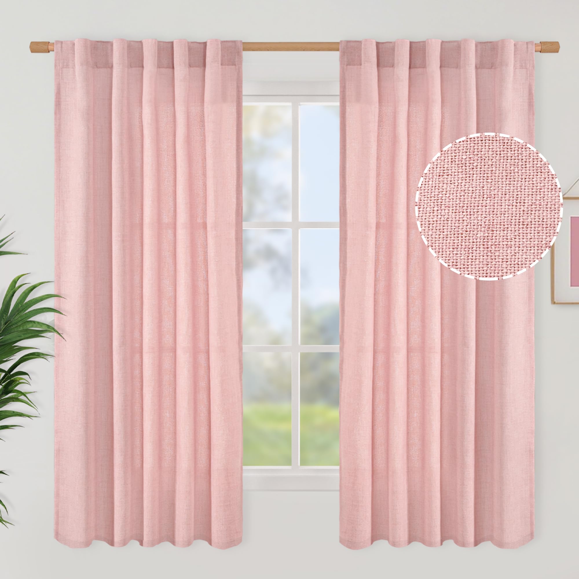 BGment Long 102 Inch Length Linen Curtains for Living Room, Natural Rod Pocket Textured Burlap Drapes Rustic Country Light Filtering for Bedroom Semi Sheer Back Tab, 2 Panel, 52 Inch Wide Each Panel