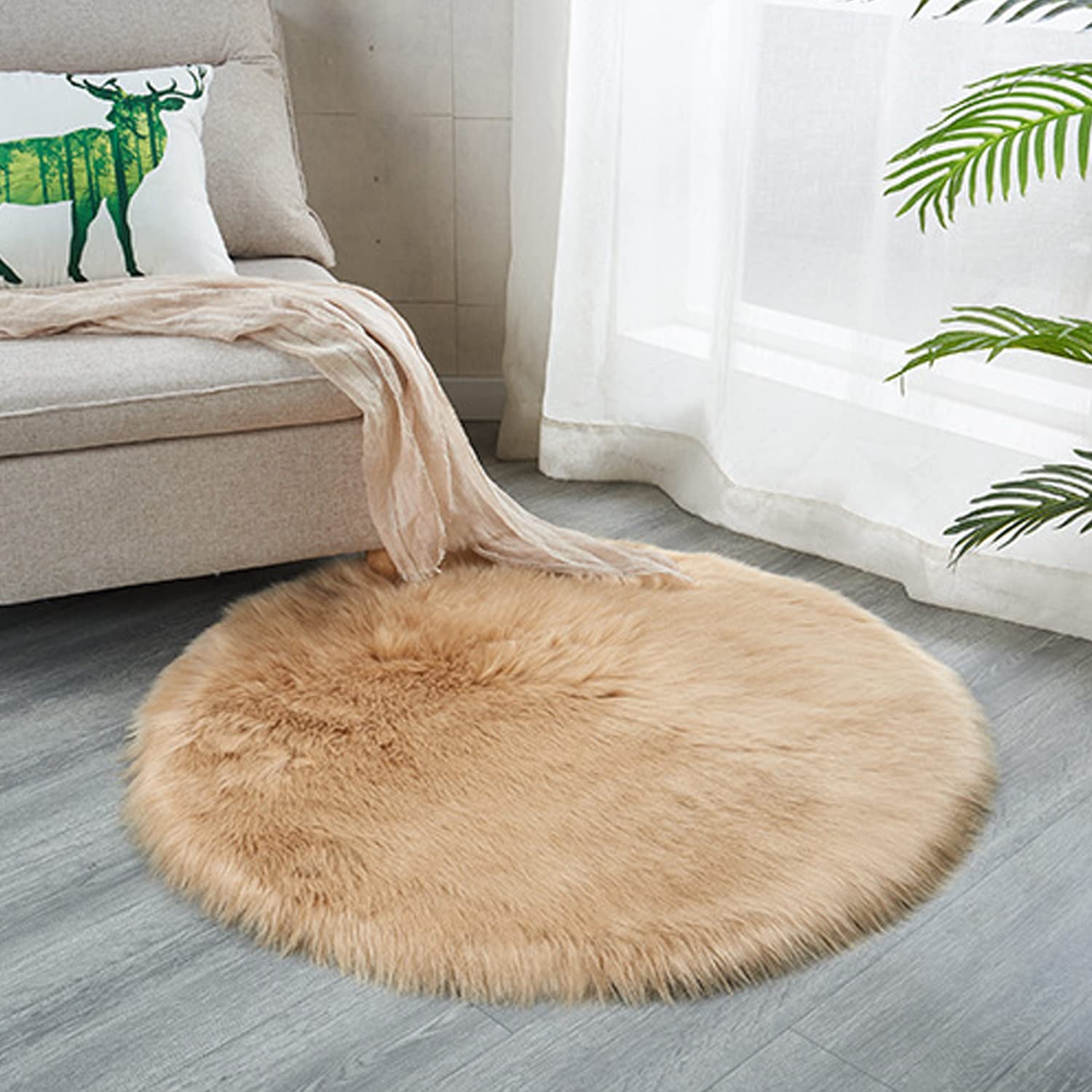 Luxury Faux Sheepskin Area Rugs Supersoft Fluffy Shaggy Round Floor Carpet Mat Decorative Throw Cover- Children Play Carpet for Living & Bedroom Sofa Light Pink, 5 ft Diameter