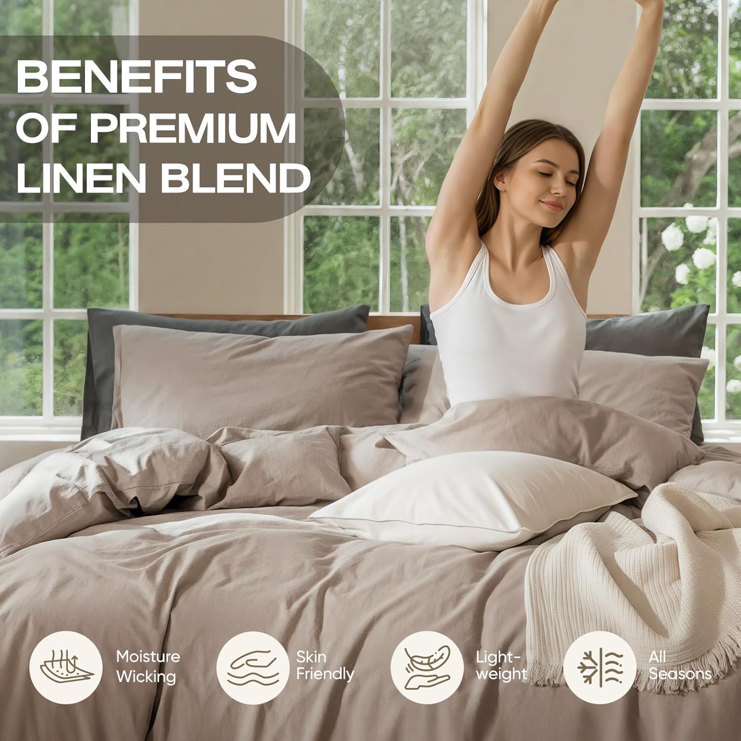 4-Piece Pure Linen Blend Sheet Set, 18" Deep Pocket, Soft Breathable All-Season Bedding for Hot Sleepers