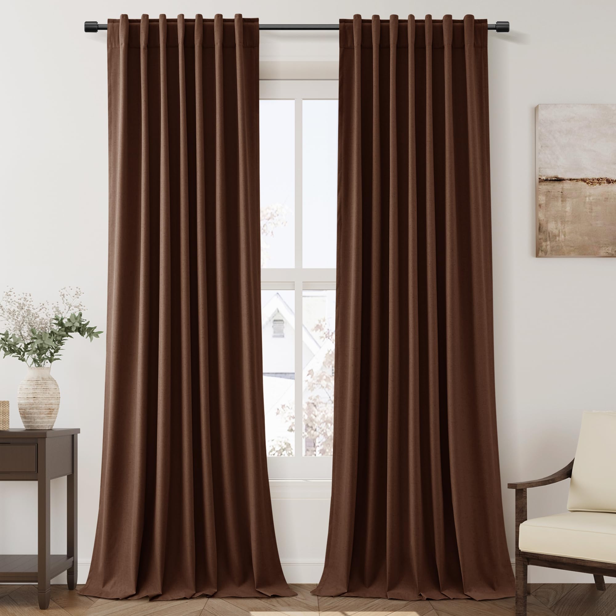Nanspring Light Grey 100% Blackout Linen Curtains for Bedroom 90 Inches Long Back Tab Thermal Insulated Modern Luxury Simple Black Out Curtain for Living Room Dining Room Drapes 52x90, 2 Panels