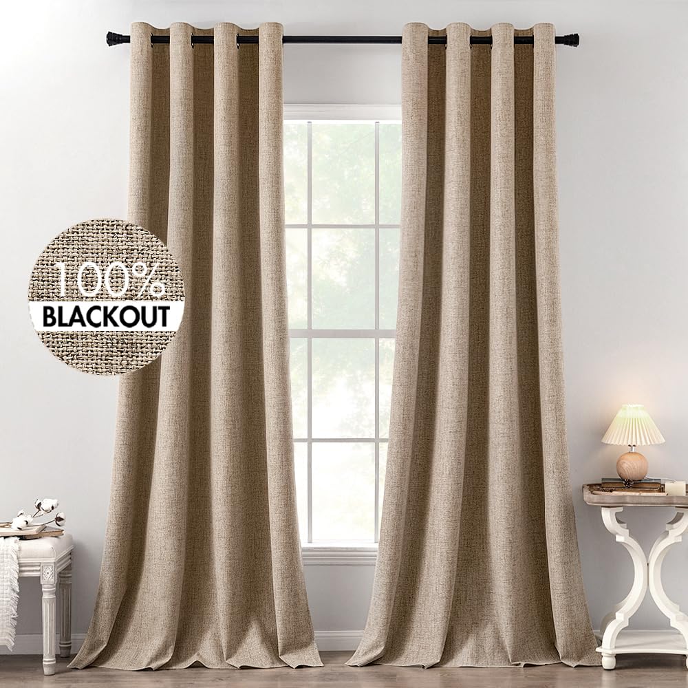 MIULEE 100% Blackout Linen Curtains for Bedroom Thermal Insulated Birch Grommet Room Darkening Curtains & Drapes for Living Room Nursery 52 x 96 Inch (2 Panels)