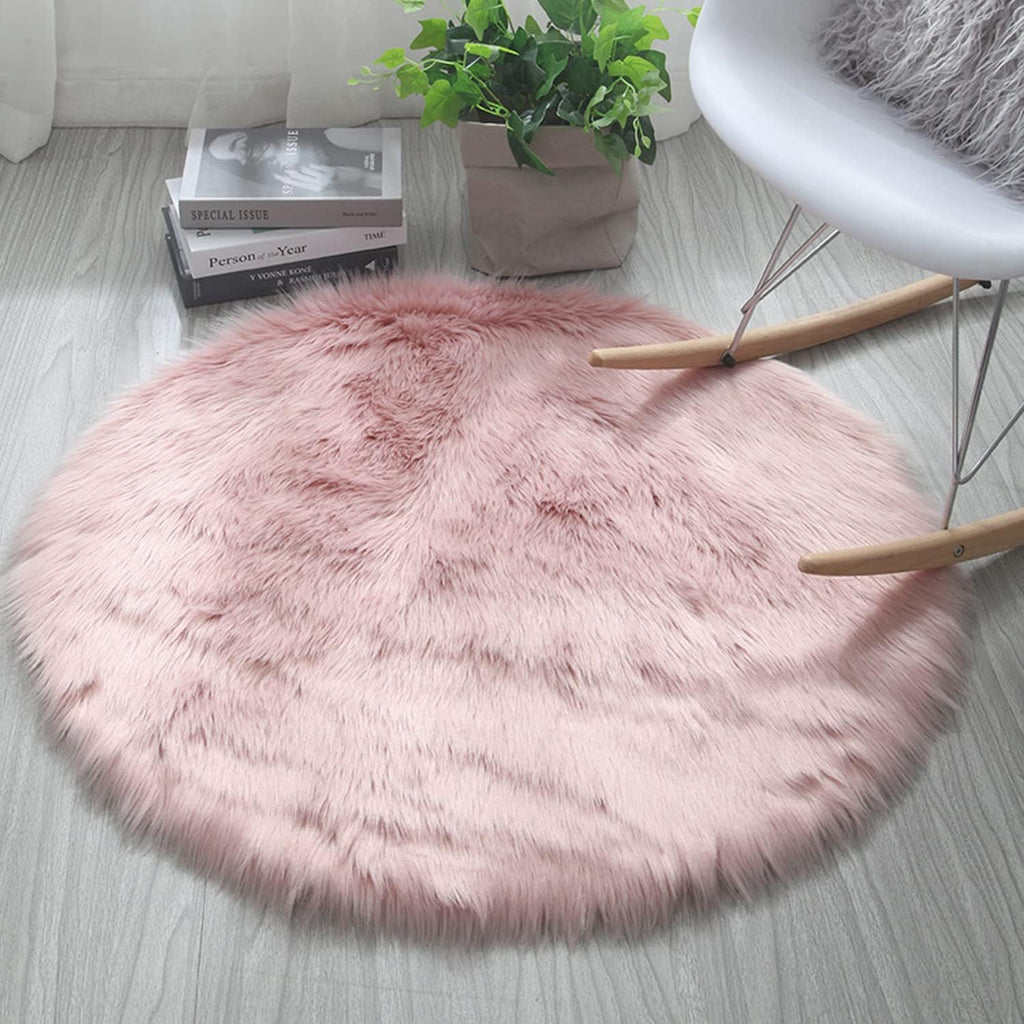 Luxury Faux Sheepskin Area Rugs Supersoft Fluffy Shaggy Round Floor Carpet Mat Decorative Throw Cover- Children Play Carpet for Living & Bedroom Sofa Light Pink, 5 ft Diameter