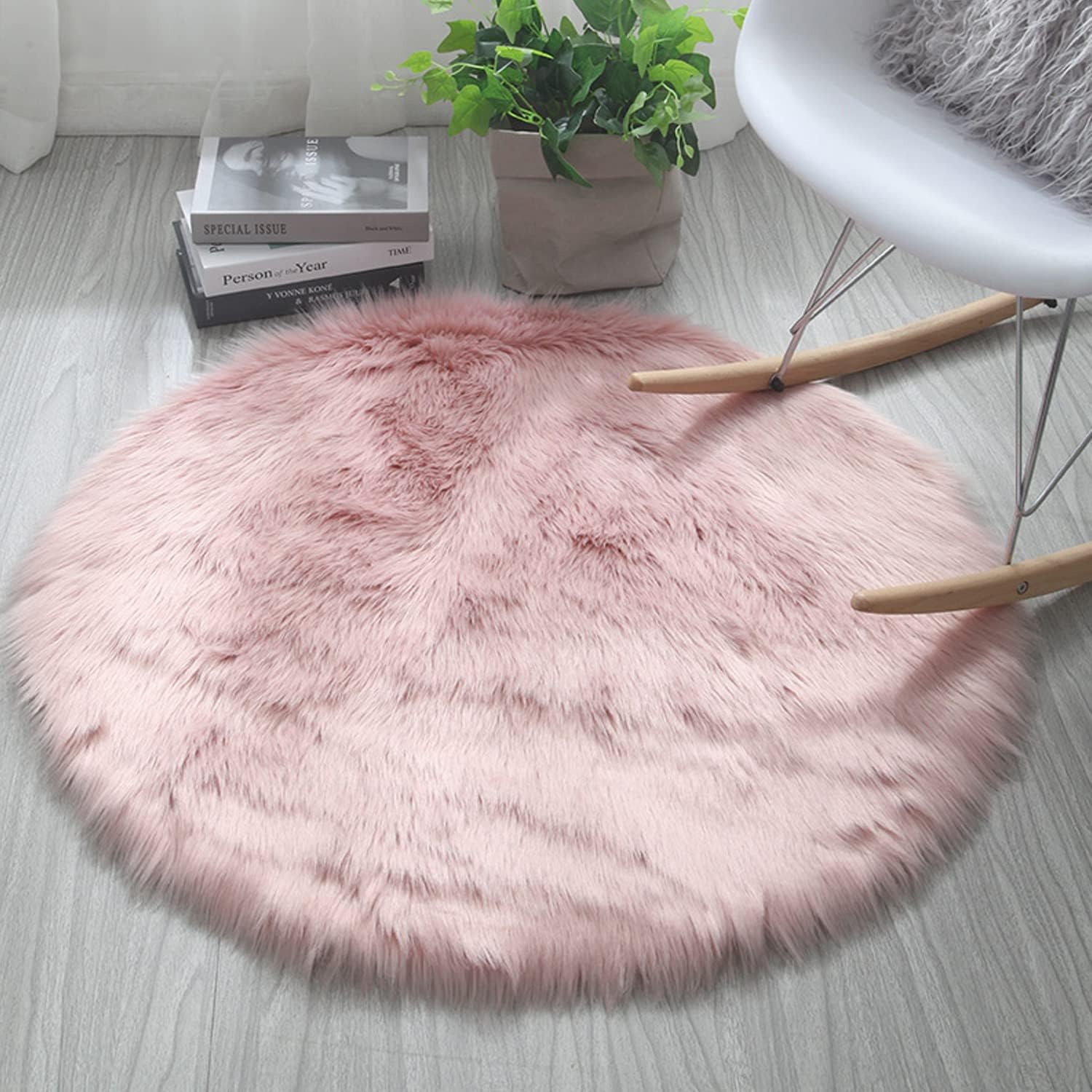 Luxury Faux Sheepskin Area Rugs Supersoft Fluffy Shaggy Round Floor Carpet Mat Decorative Throw Cover- Children Play Carpet for Living & Bedroom Sofa Light Pink, 5 ft Diameter