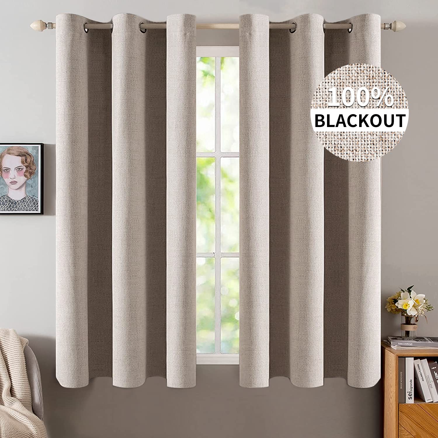 MIULEE 100% Blackout Linen Curtains for Bedroom Thermal Insulated Birch Grommet Room Darkening Curtains & Drapes for Living Room Nursery 52 x 96 Inch (2 Panels)
