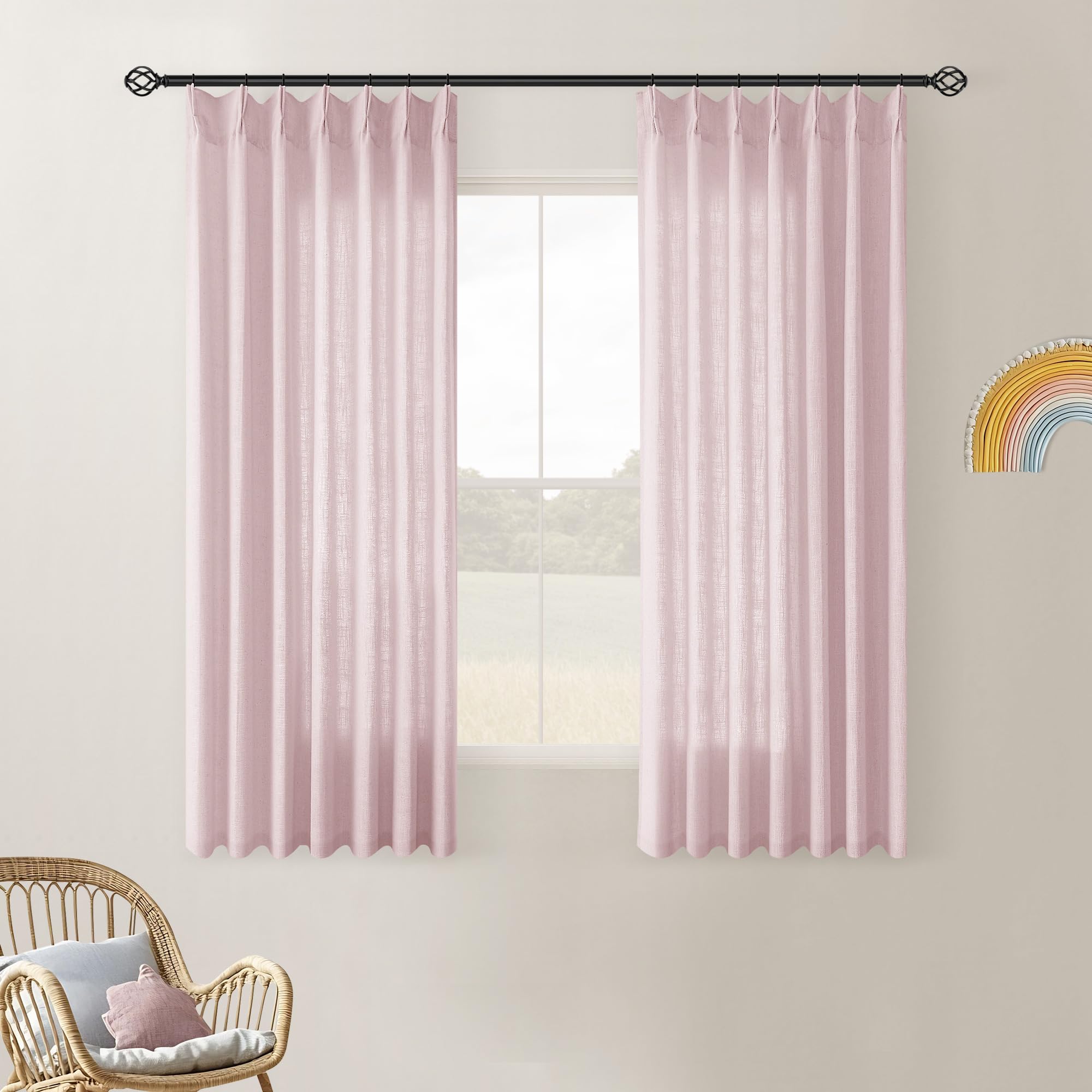90 Inch Pinch Pleated Linen Curtains 2 Panel Set for Living Room Cream Natural Thick Linen Textured Drapes 90 Inches Long Pinch Pleat Drapes Birch Ivory Semi Sheer Curtain for Dining Bedroom Office