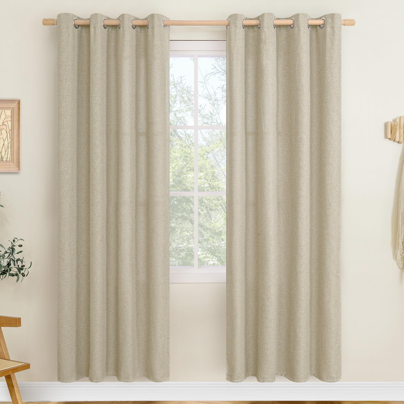 LAMIT Natural Beige Linen Curtains for Bedroom, 84 inches Grommet Thermal Insulated Thick Burlap Farmhouse Neutral Curtains Noise Reducing Light Filtering Drapes for Living Room, 2 Panels, W60 x L84