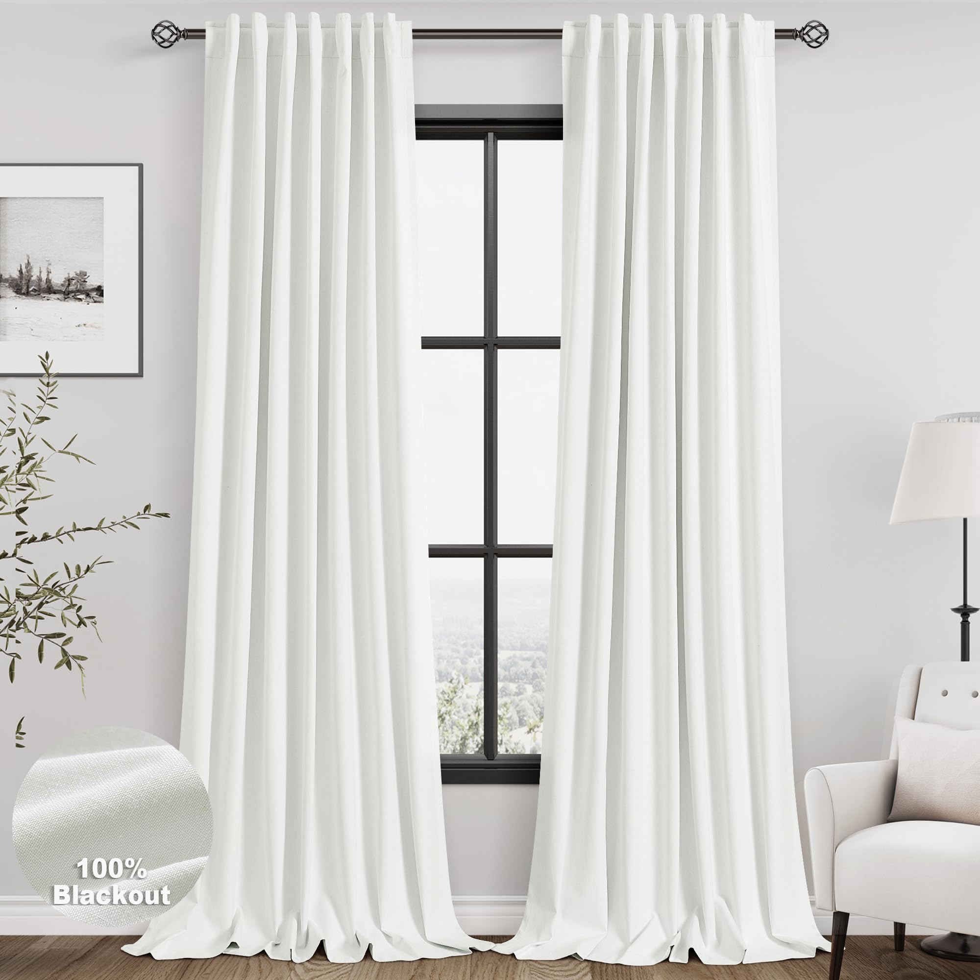 Nanspring Light Grey 100% Blackout Linen Curtains for Bedroom 90 Inches Long Back Tab Thermal Insulated Modern Luxury Simple Black Out Curtain for Living Room Dining Room Drapes 52x90, 2 Panels