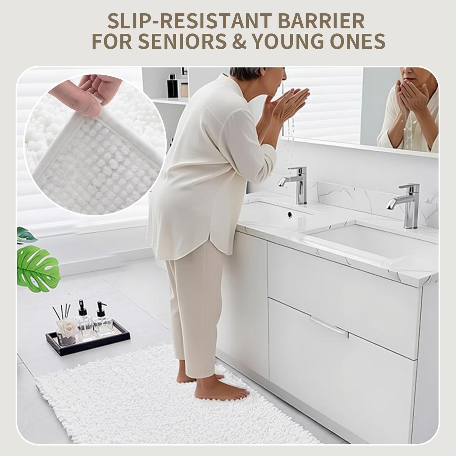 Bathroom Rugs Non Slip Washable 70x24, Extra Thick Soft Chenille Absorbent Bath Mat, High Density Barrier Non Slip Backing, Quick Dry Plush Shaggy Floor Carpet for Tub&Shower, White