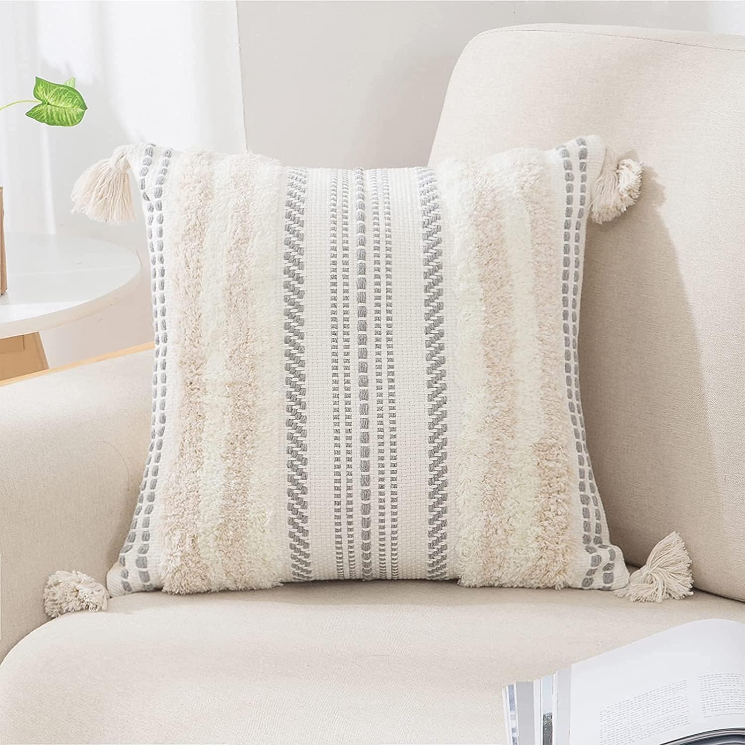 decorUhome Summer Decorative Boho Throw Pillow Covers 20x20 Set of 2, Accent Neutral Textured Tufted Pillow Covers Striped for Couch Bed Sofa Living Room, Light Grey and Cream White