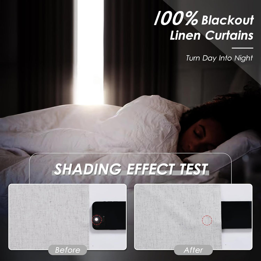 Nanspring Light Grey 100% Blackout Linen Curtains for Bedroom 90 Inches Long Back Tab Thermal Insulated Modern Luxury Simple Black Out Curtain for Living Room Dining Room Drapes 52x90, 2 Panels
