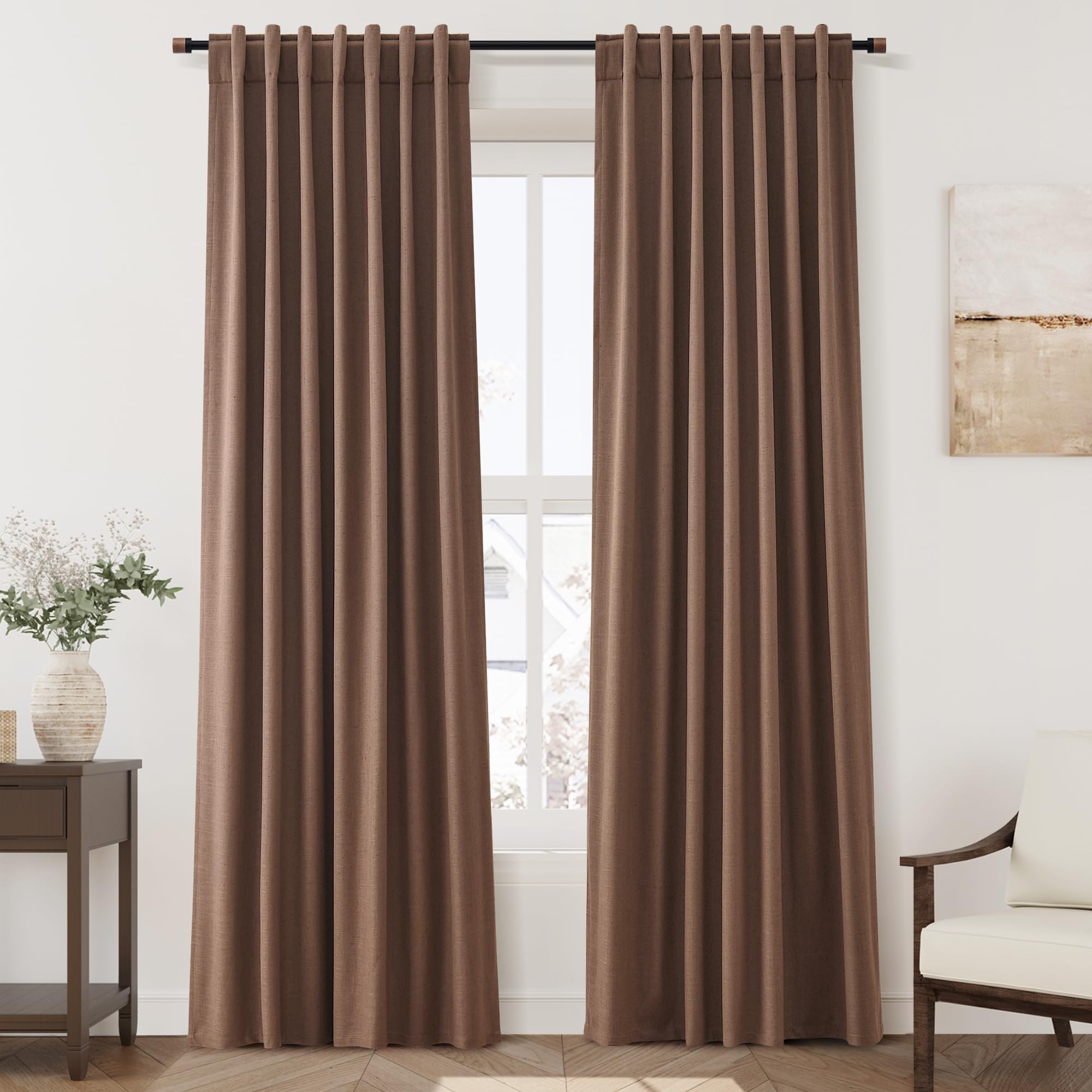 Nanspring Light Grey 100% Blackout Linen Curtains for Bedroom 90 Inches Long Back Tab Thermal Insulated Modern Luxury Simple Black Out Curtain for Living Room Dining Room Drapes 52x90, 2 Panels