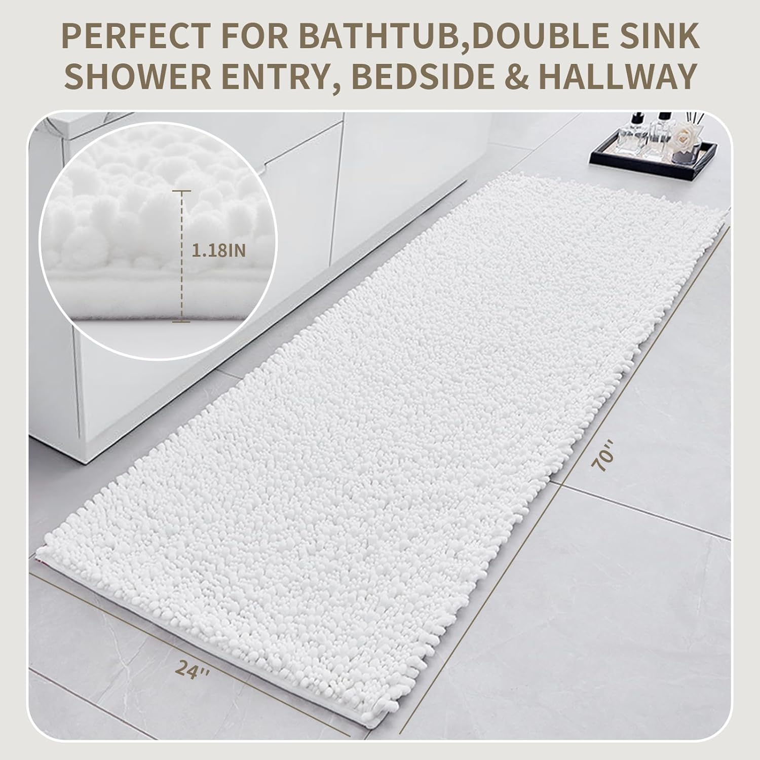 Bathroom Rugs Non Slip Washable 70x24, Extra Thick Soft Chenille Absorbent Bath Mat, High Density Barrier Non Slip Backing, Quick Dry Plush Shaggy Floor Carpet for Tub&Shower, White