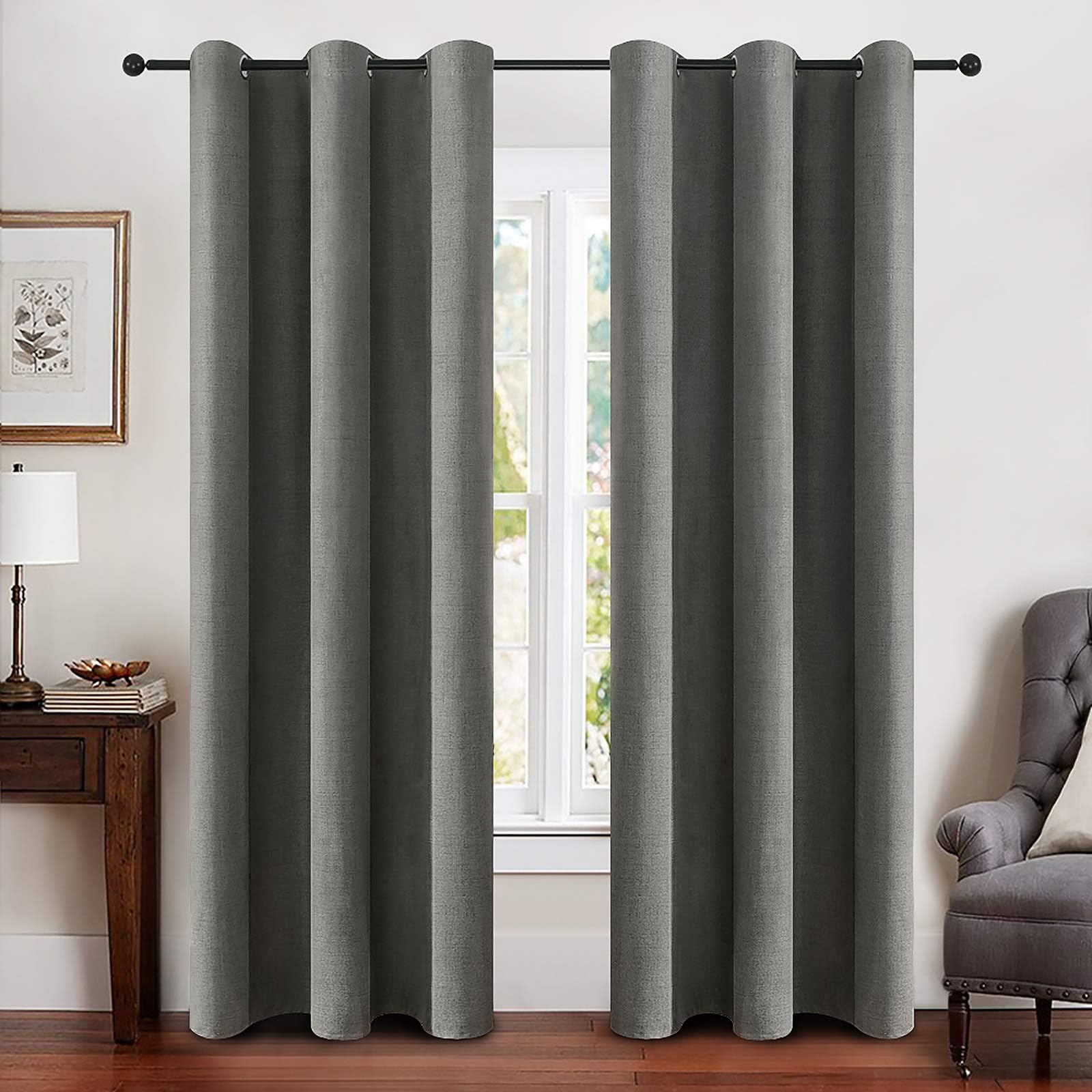 MIULEE 100% Blackout Linen Curtains for Bedroom Thermal Insulated Birch Grommet Room Darkening Curtains & Drapes for Living Room Nursery 52 x 96 Inch (2 Panels)