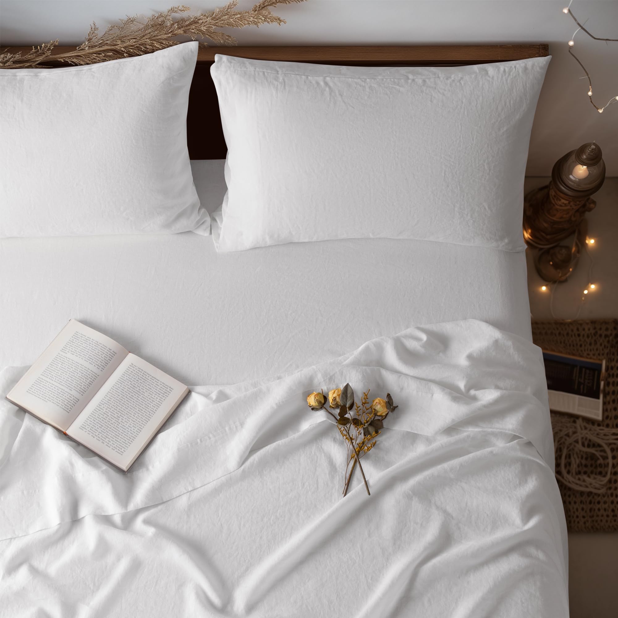 LBRO2M 100% Pure Linen Sheet Set Deep Pocket Up to 16" Bed Sheets Sets, Natural Flax Beddings Soft, Breathable, Comfortable for All Seasons 4 Pcs Sheet Set Queen Size, Linen