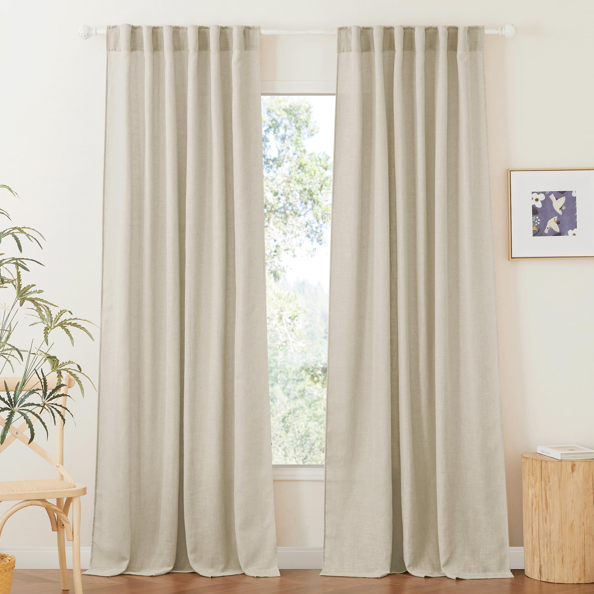RYB HOME Farmhouse Sheer Curtains 108 inch Length, Semi Sheer Curtain & Drapes Large Window Dressing Lights & Winds Filter for Bedroom Home Office Living Room, Linen, W 70 x L 108 inch Long, 1 Pair